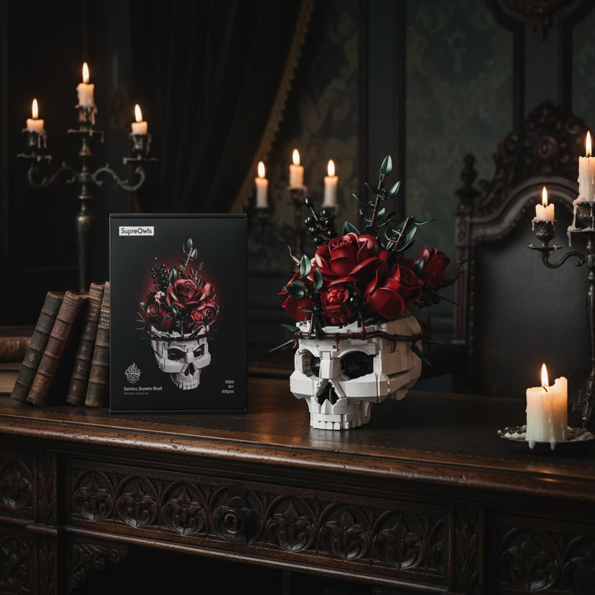 Gothic Halloween Decor Skull Flower Arrangement With Roses - Image 2