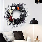 Gothic Halloween Wreath With Skeleton And Pumpkin Door Decor Dramatic Black Branches Happy Halloween Sign For Halloween Decor - Image 2
