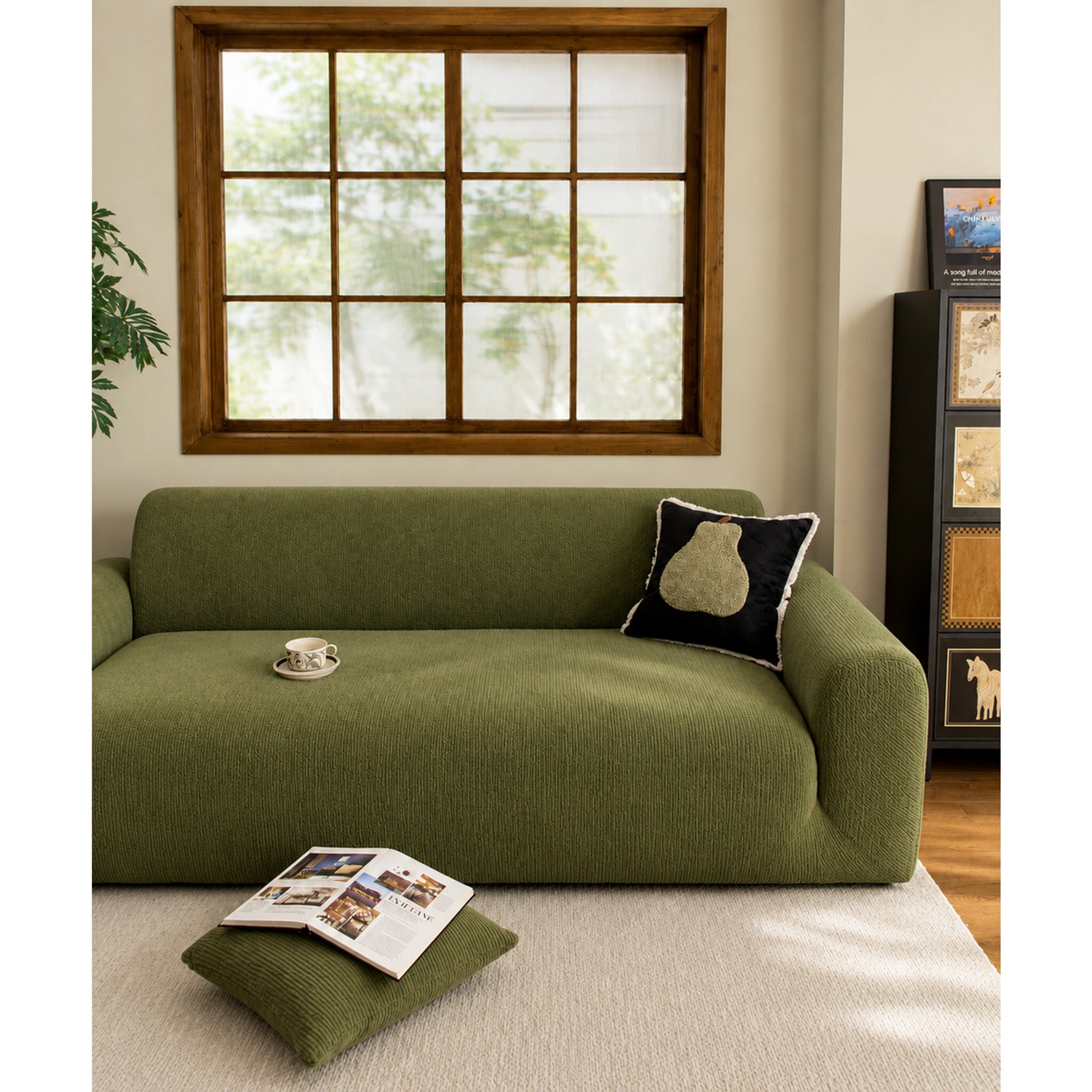 Green Velvet Stretch Sofa Cover - Image 4