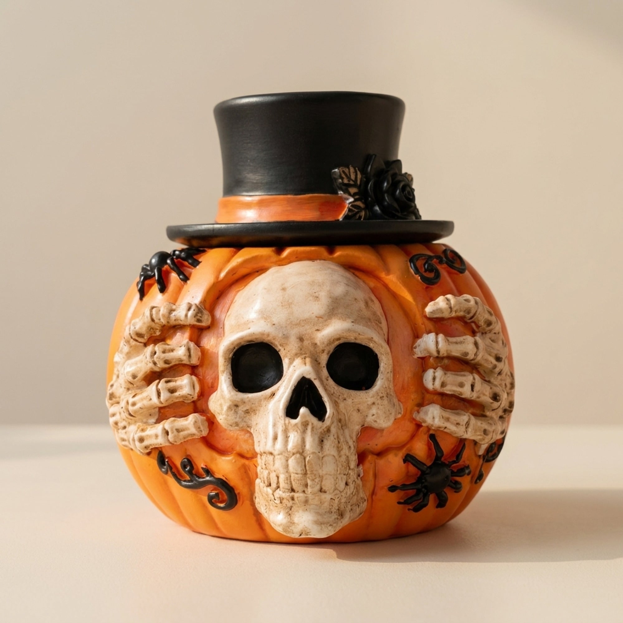 Halloween Candy Jar Skull Pumpkin Candy Jar With Skull Design And Top Hat Open Container For Halloween Treats - Image 1