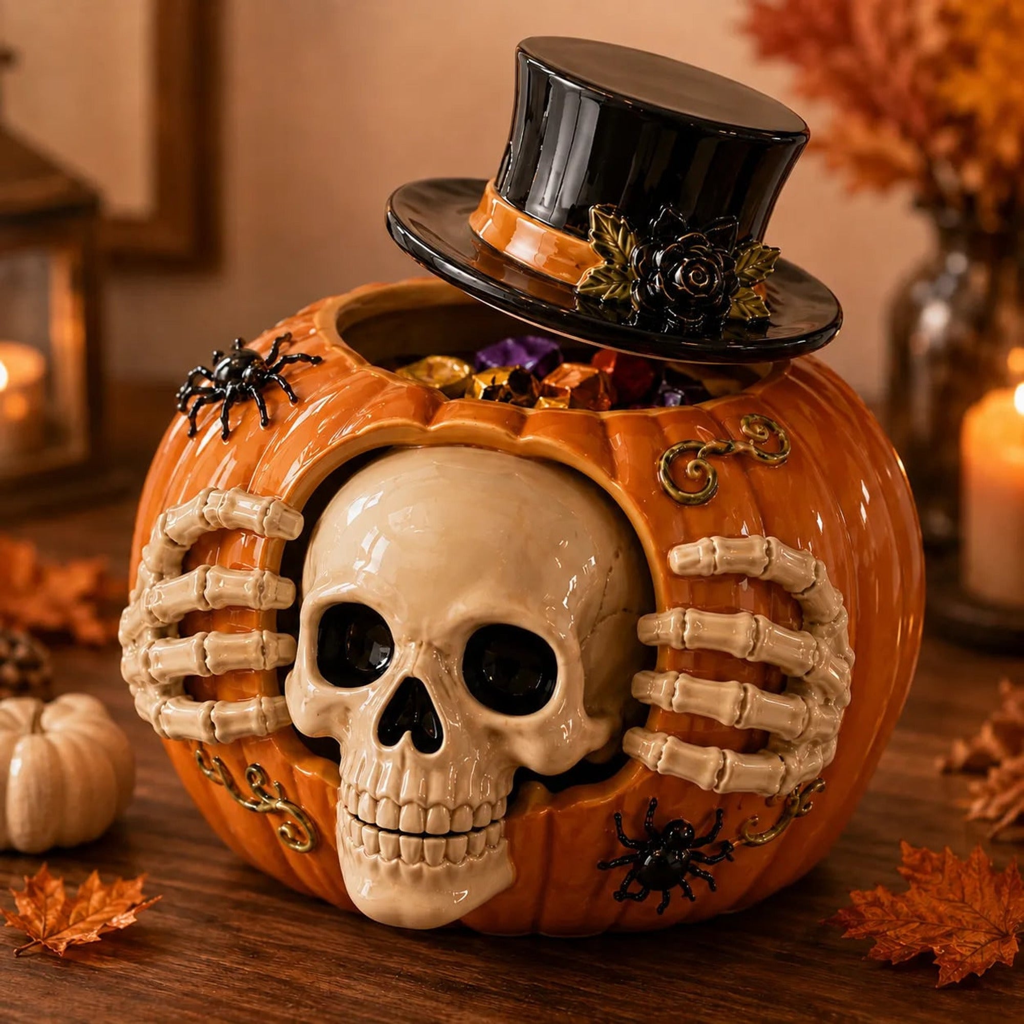Halloween Candy Jar Skull Pumpkin Candy Jar With Skull Design And Top Hat Open Container For Halloween Treats - Image 2