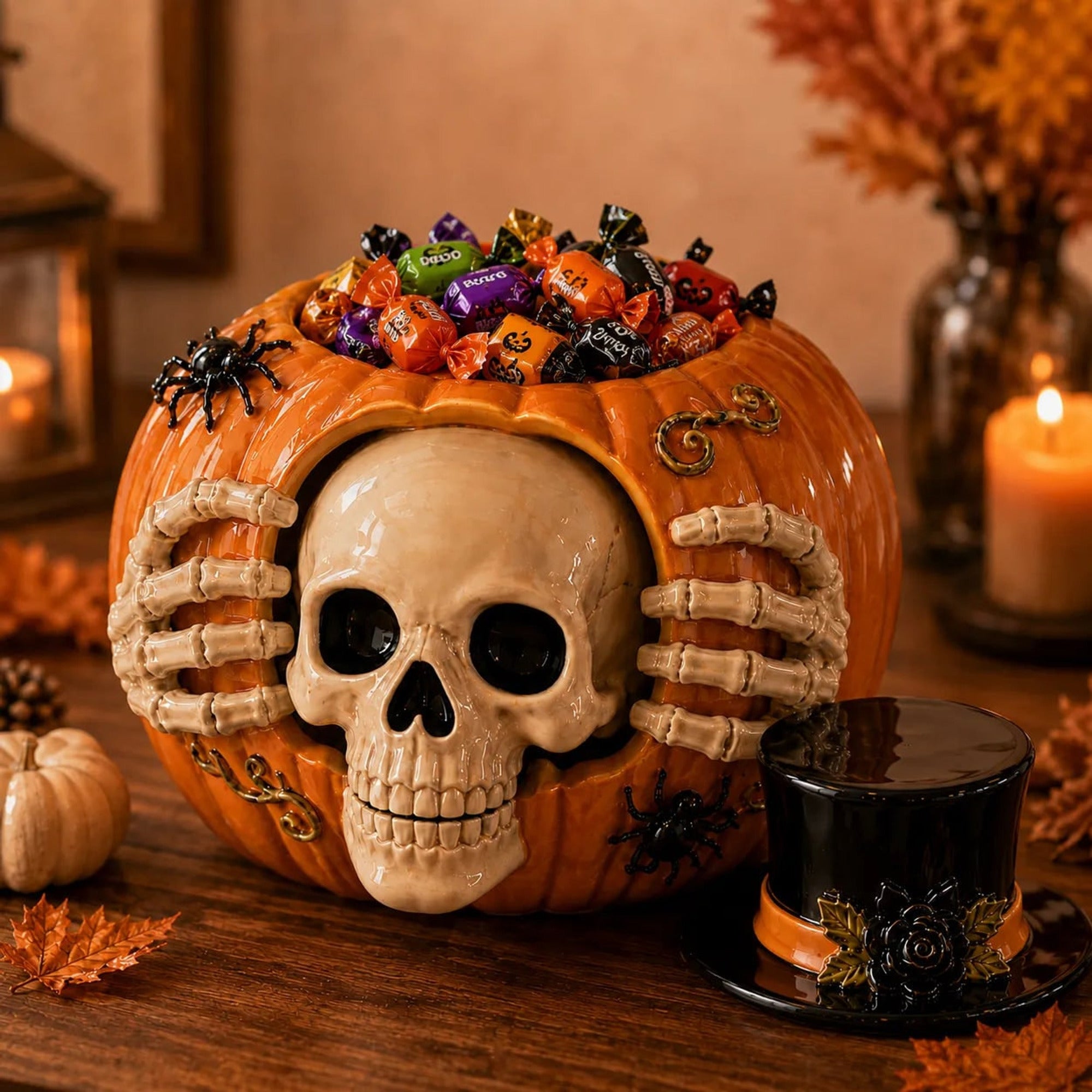 Halloween Candy Jar Skull Pumpkin Candy Jar With Skull Design And Top Hat Open Container For Halloween Treats - Image 3