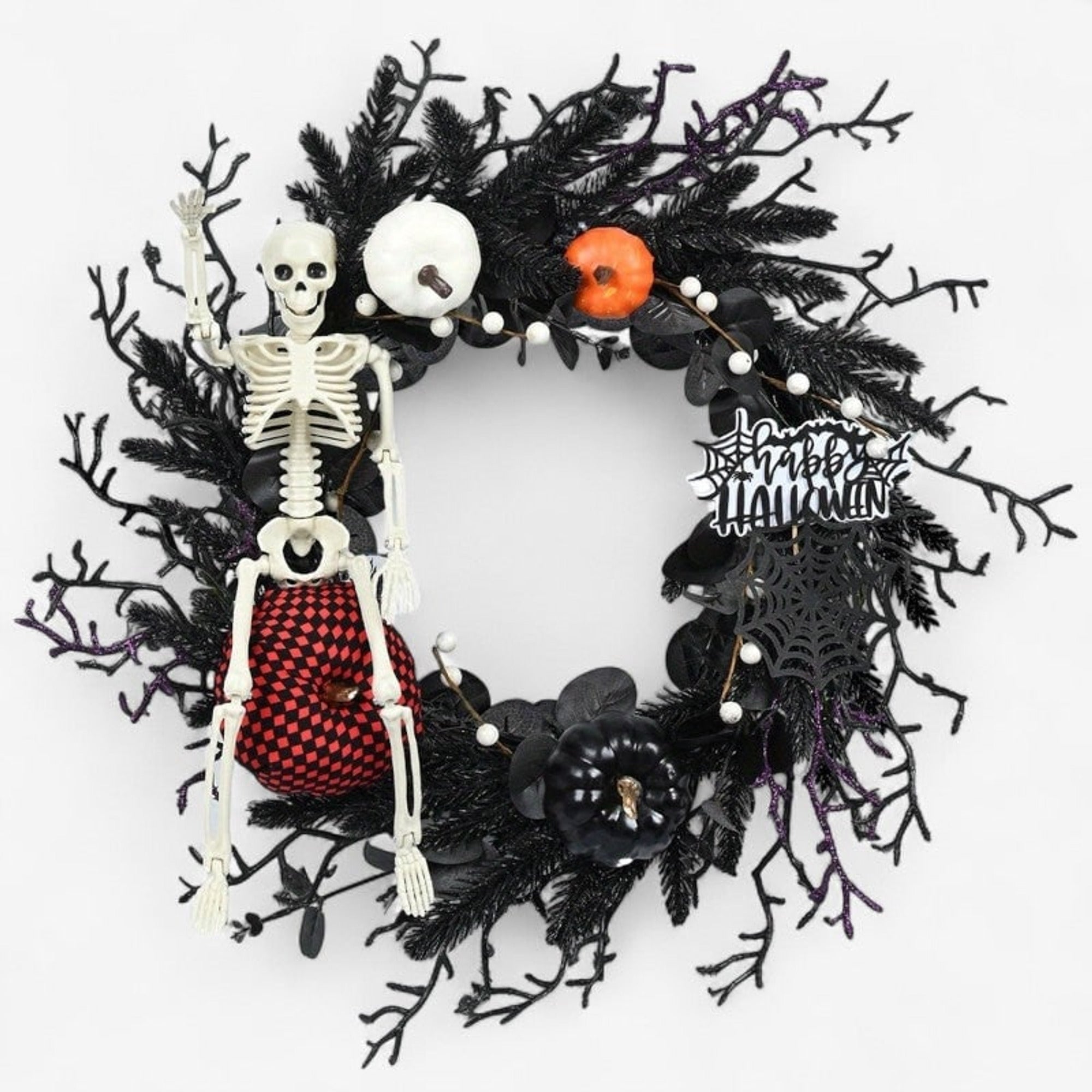 Halloween Door Wreath With Jack O'lantern Pumpkins And Skeleton For Spooky Entry Decor - Image 1