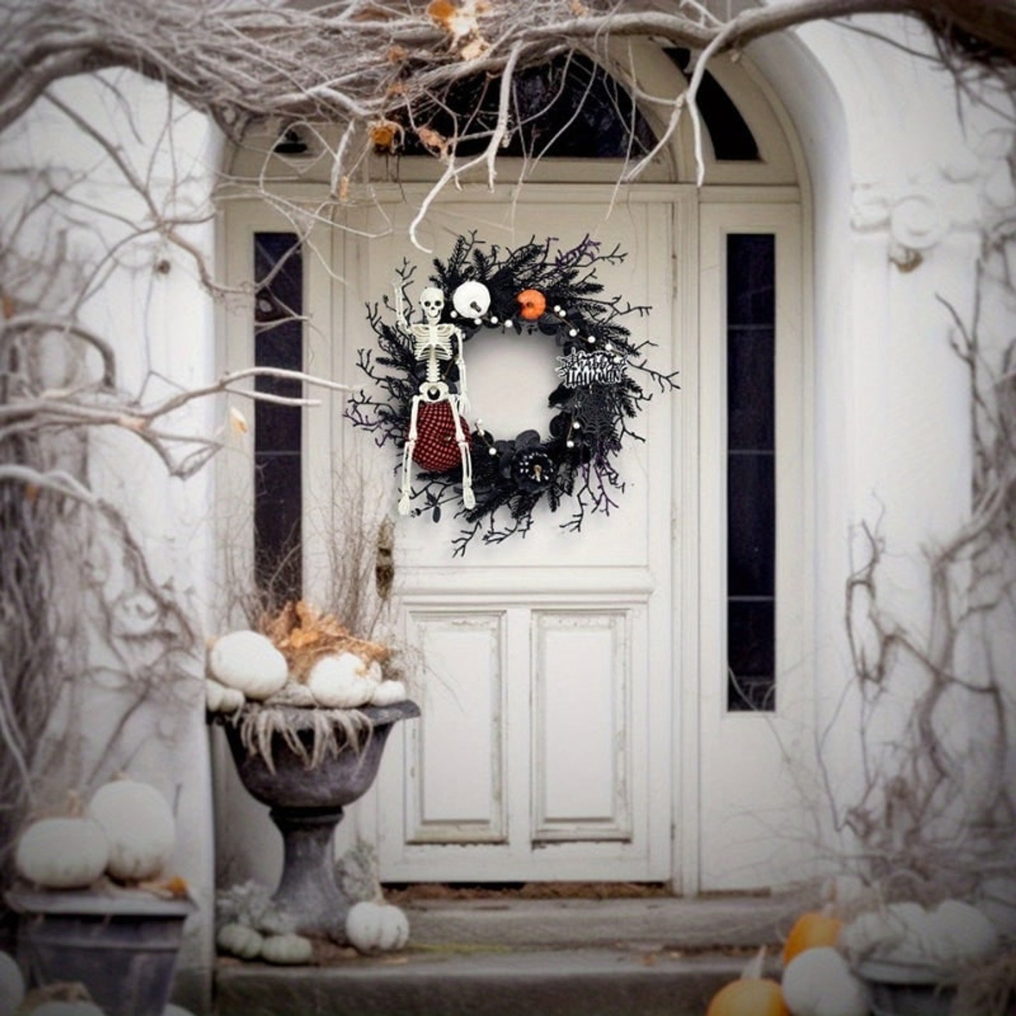 Halloween Door Wreath With Jack O'lantern Pumpkins And Skeleton For Spooky Entry Decor - Image 4