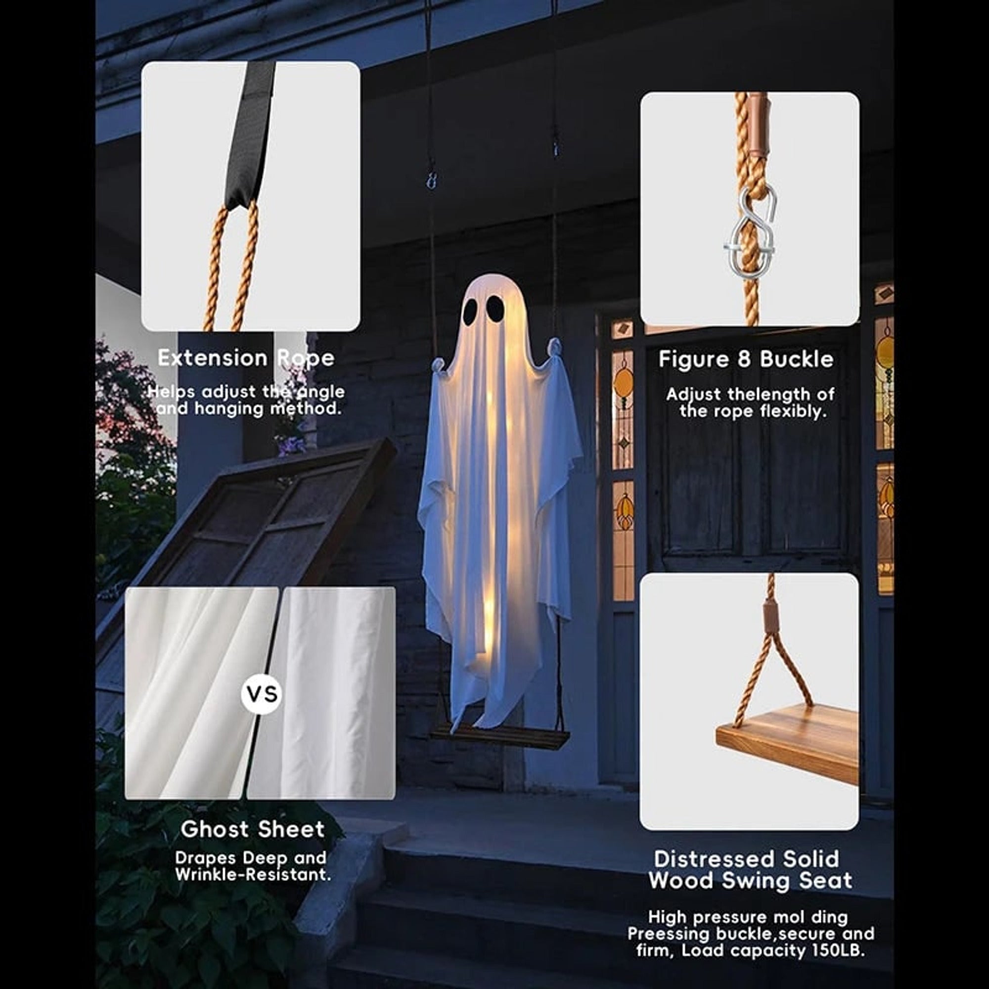 Halloween Ghost Decoration Lighted Swinging White Fabric Hanging LED Outdoor - Image 3