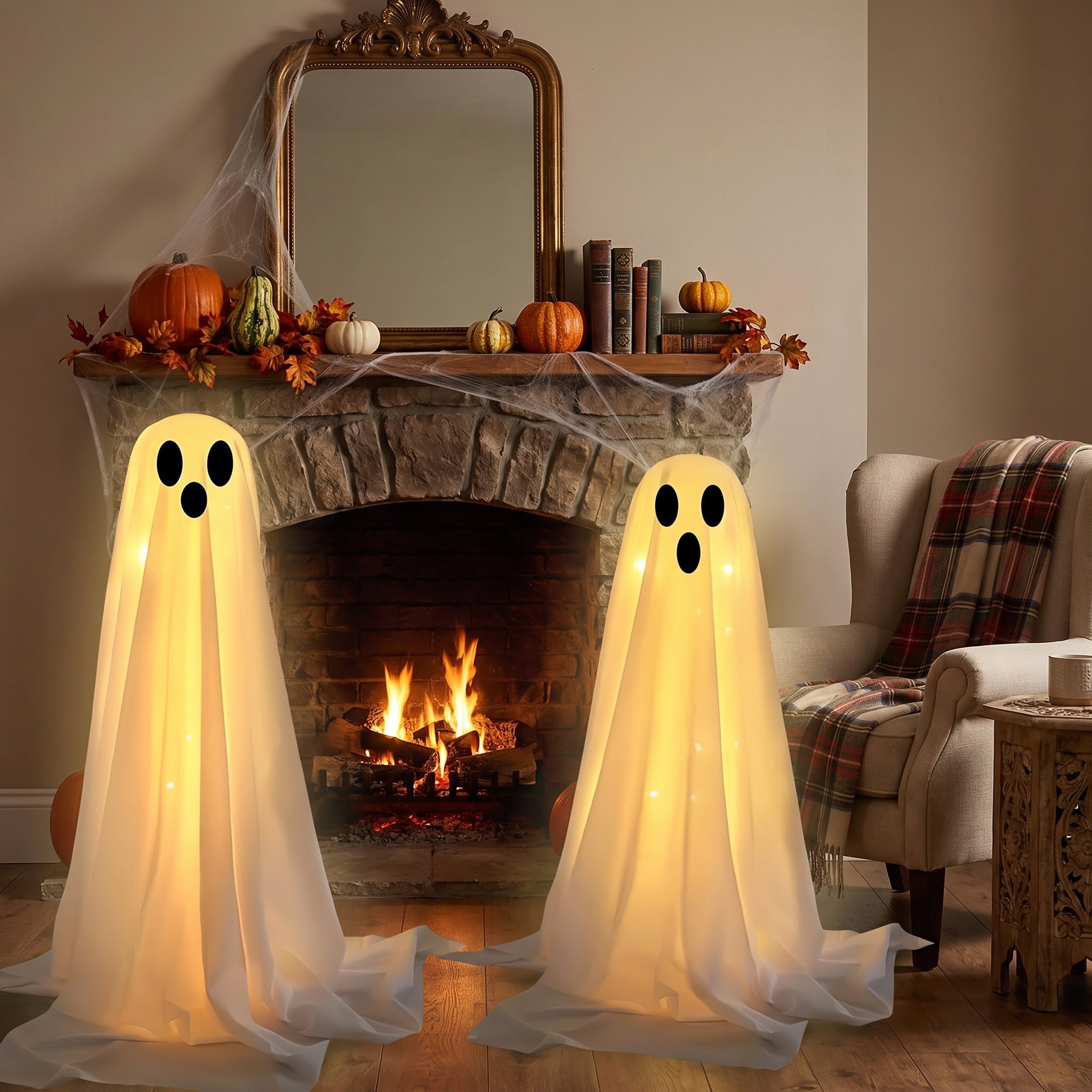Halloween Ghost Lights Fabric Standing Figures Glowing Spooky Yard Decoration - Image 1