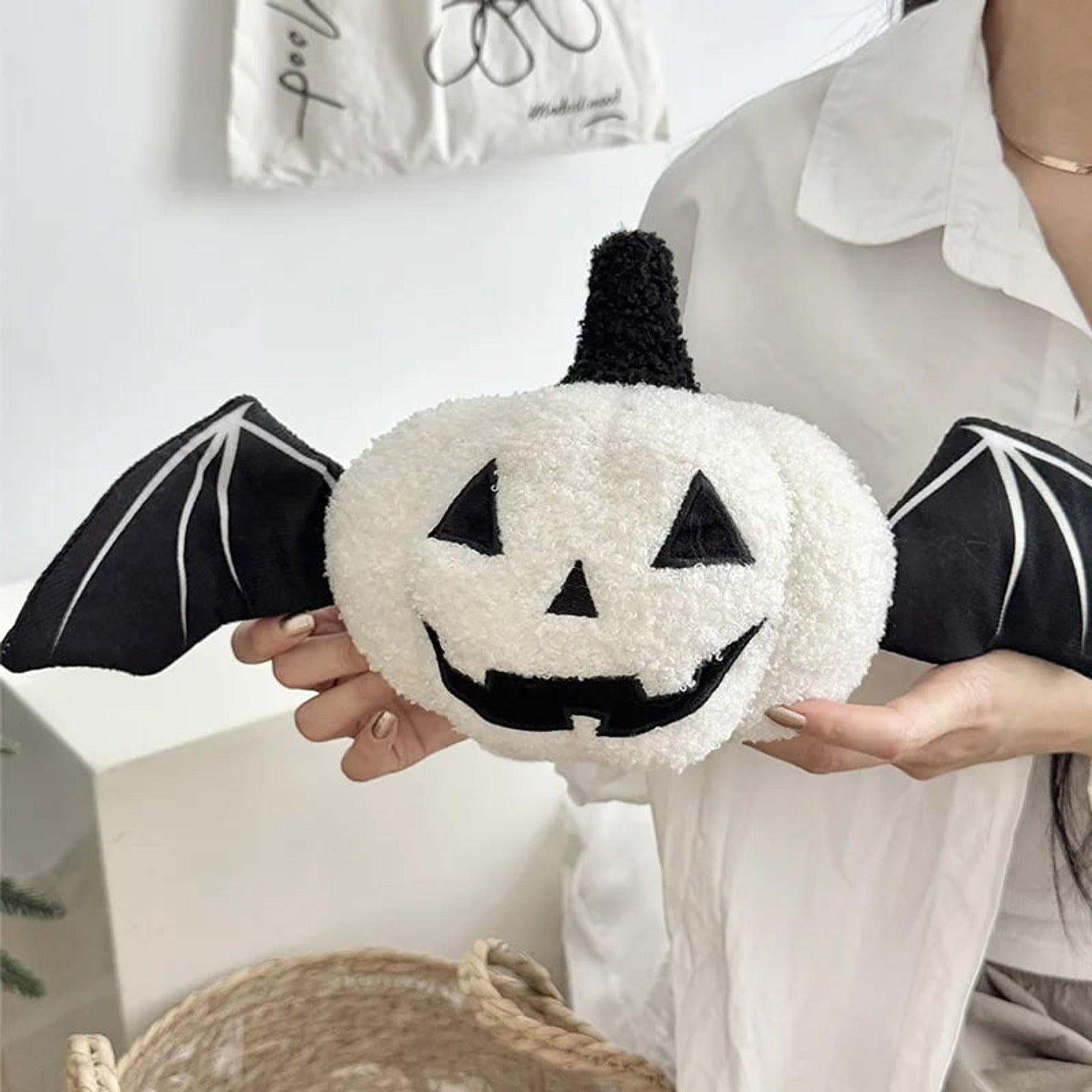 Halloween Lanterns Pumpkin Pillow With Bat Wings - White Pillow