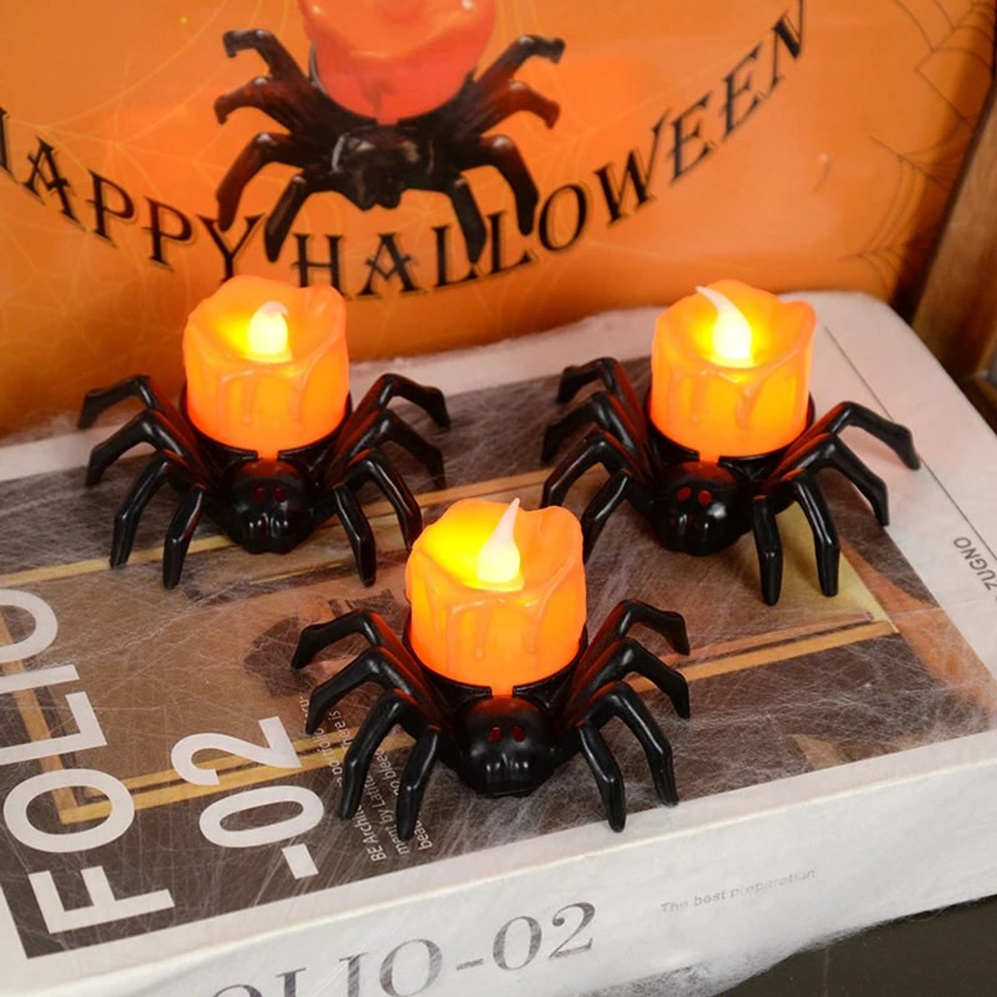 Halloween Lanterns & Candlelight LED Candle With Pumpkin Spider Holder Flickering Flameless Light - Image 2