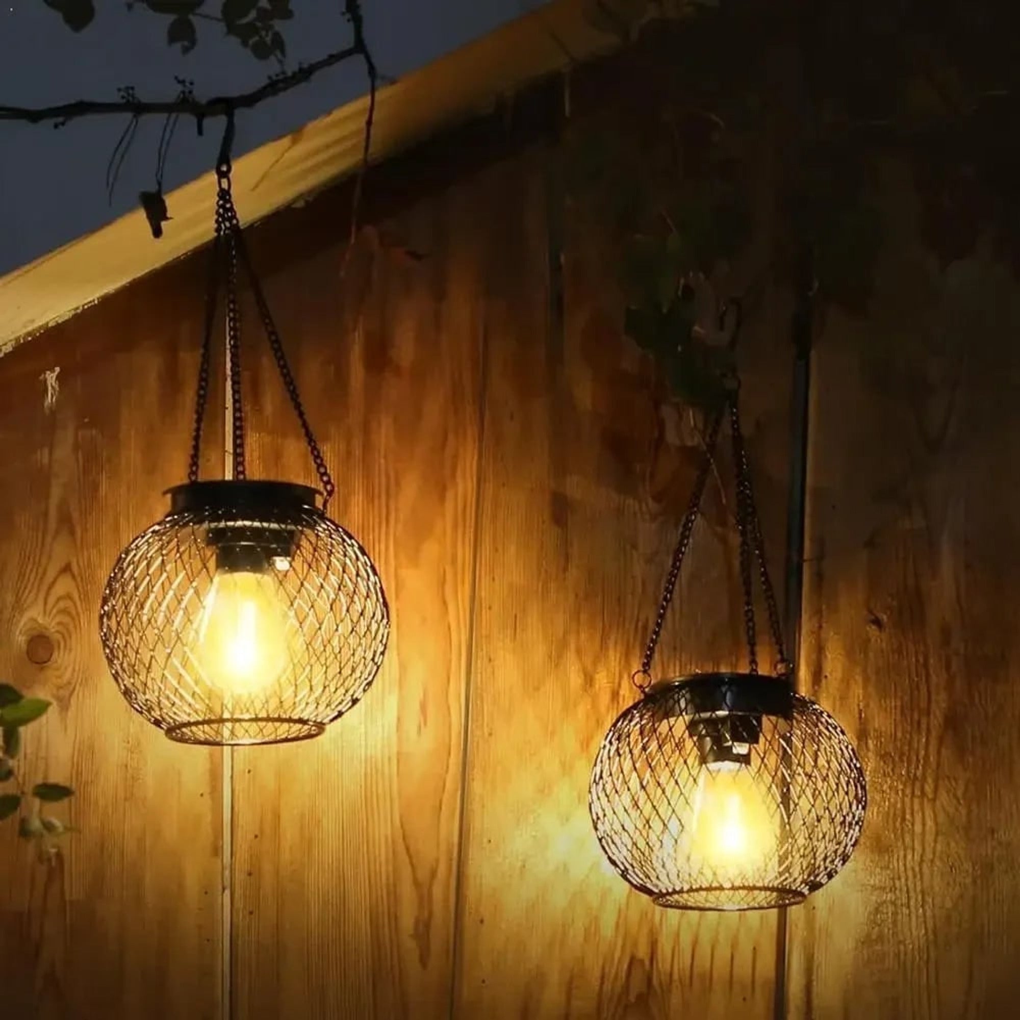 Halloween Lanterns & Candlelight Solar Hanging Lantern Black Wire Mesh Globe Warm White LED - Image 1
