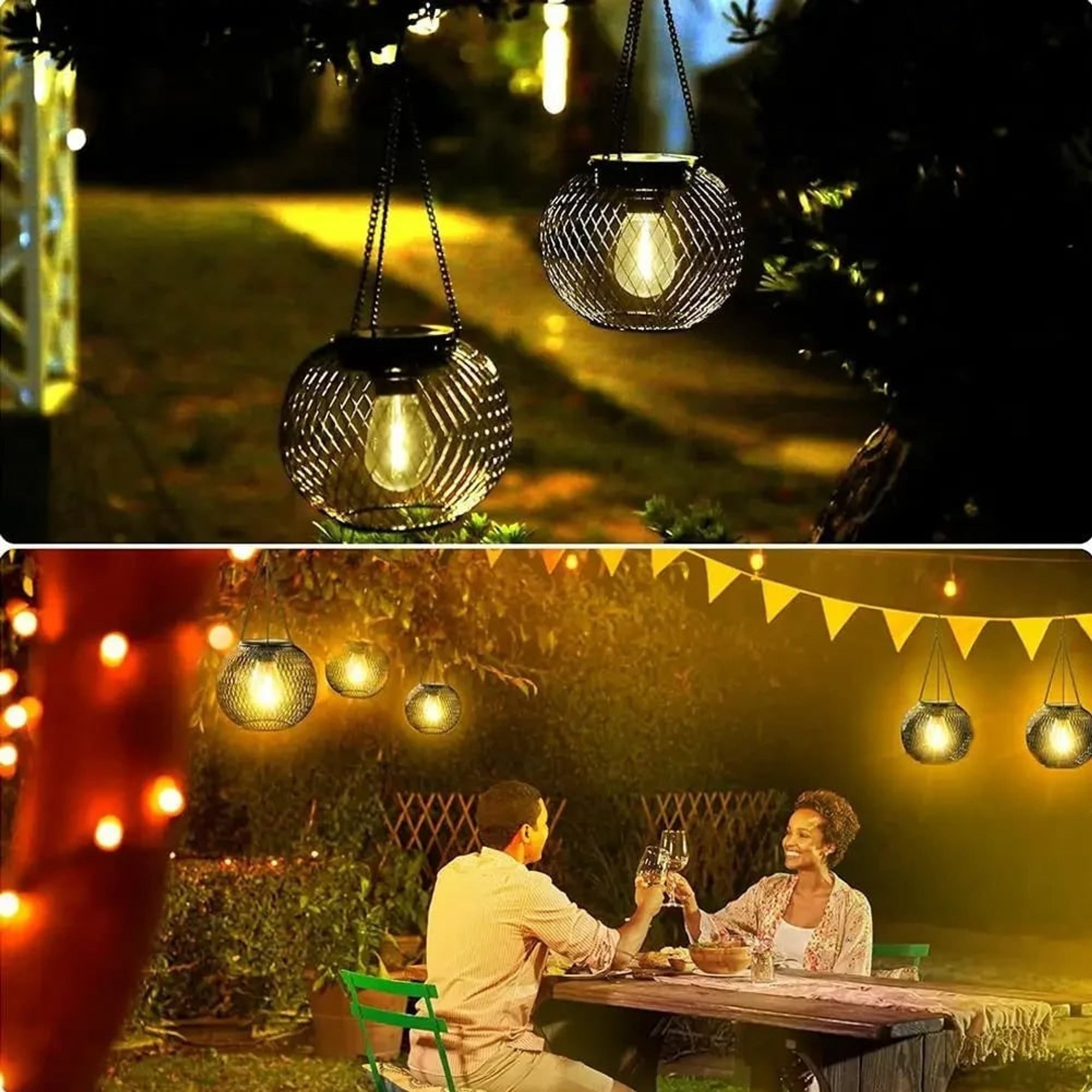 Halloween Lanterns & Candlelight Solar Hanging Lantern Black Wire Mesh Globe Warm White LED - Image 4