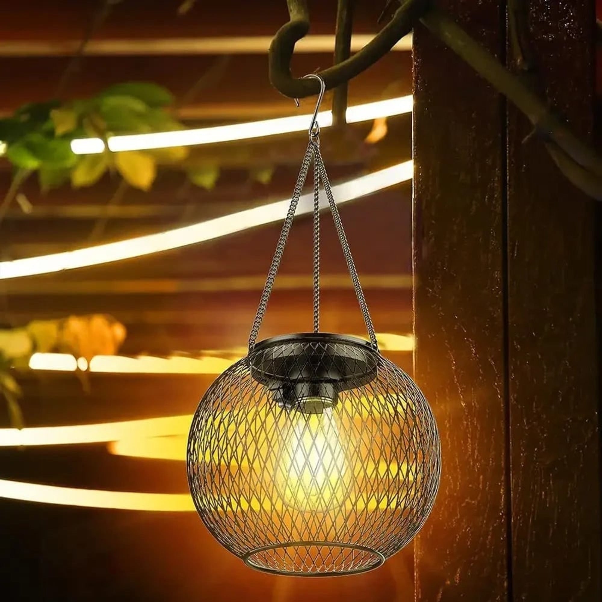 Halloween Lanterns & Candlelight Solar Hanging Lantern Black Wire Mesh Globe Warm White LED - Image 3