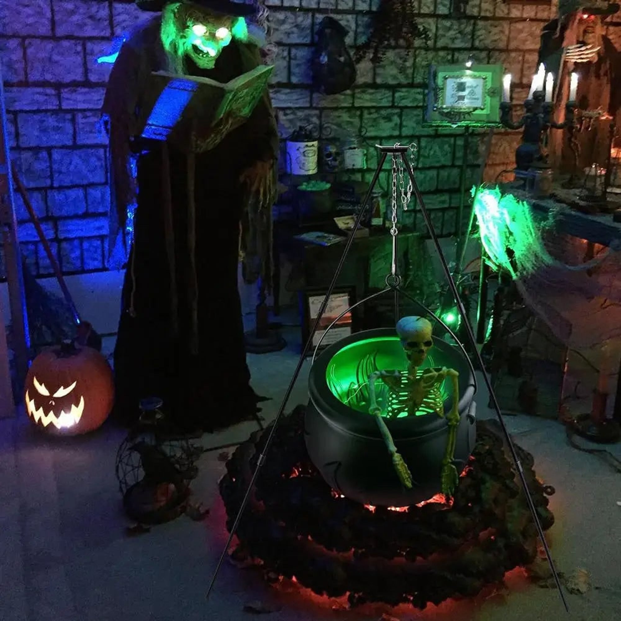 Halloween Lanterns & Candlelight Witches Cauldron Tripod With Green LED String Light Outdoor Decorative Centerpiece And Candy Bowl - Image 1