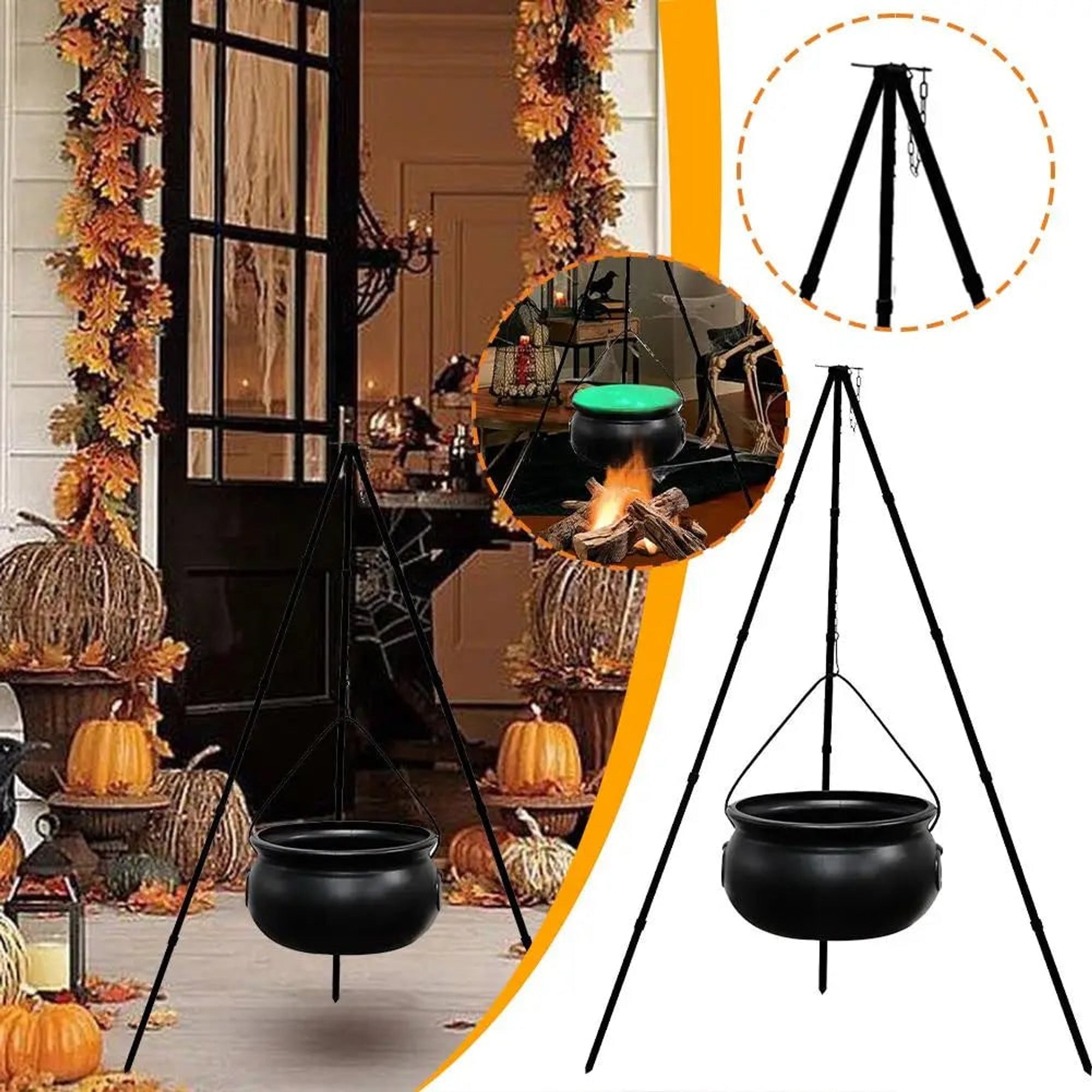 Halloween Lanterns & Candlelight Witches Cauldron Tripod With Green LED String Light Outdoor Decorative Centerpiece And Candy Bowl - Image 5