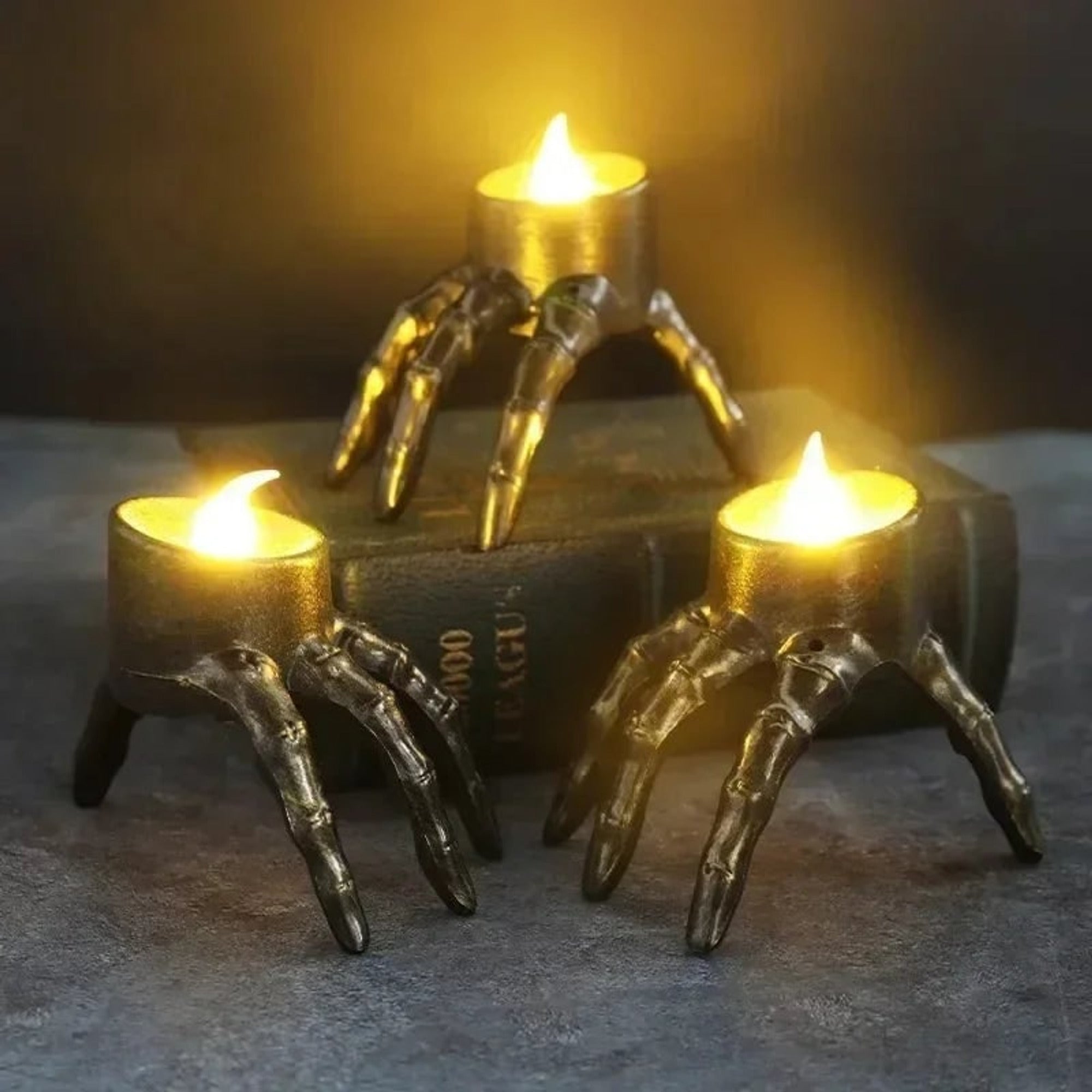 Halloween LED Candle Flameless Bronze Skull Hand Night Light Decoration - Image 3