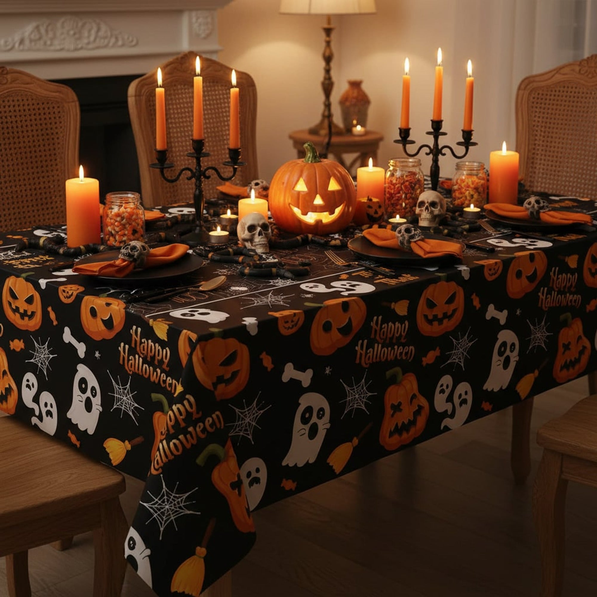 Halloween Party Decor Tablecloth With Spider Web Design - Image 1