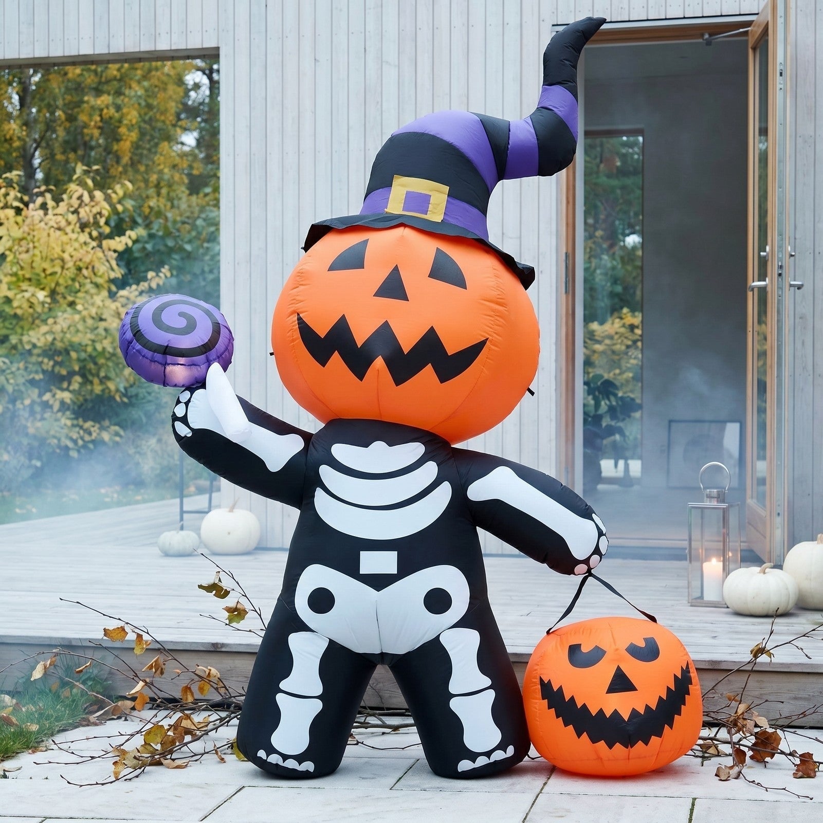 Halloween Pumpkin With Skeleton Design Inflatable Outdoor Light With Electric Air Blower And Water Bags - Image 2