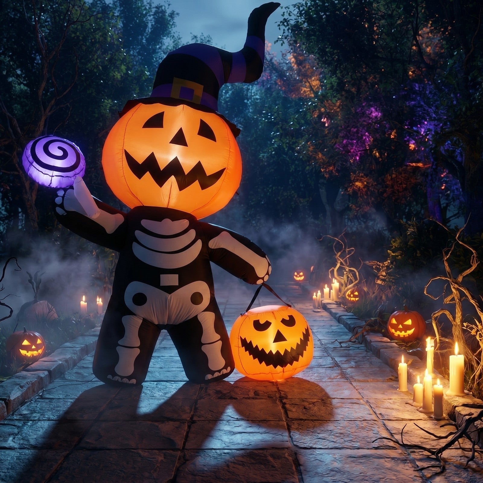 Halloween Pumpkin With Skeleton Design Inflatable Outdoor Light With Electric Air Blower And Water Bags - Image 3