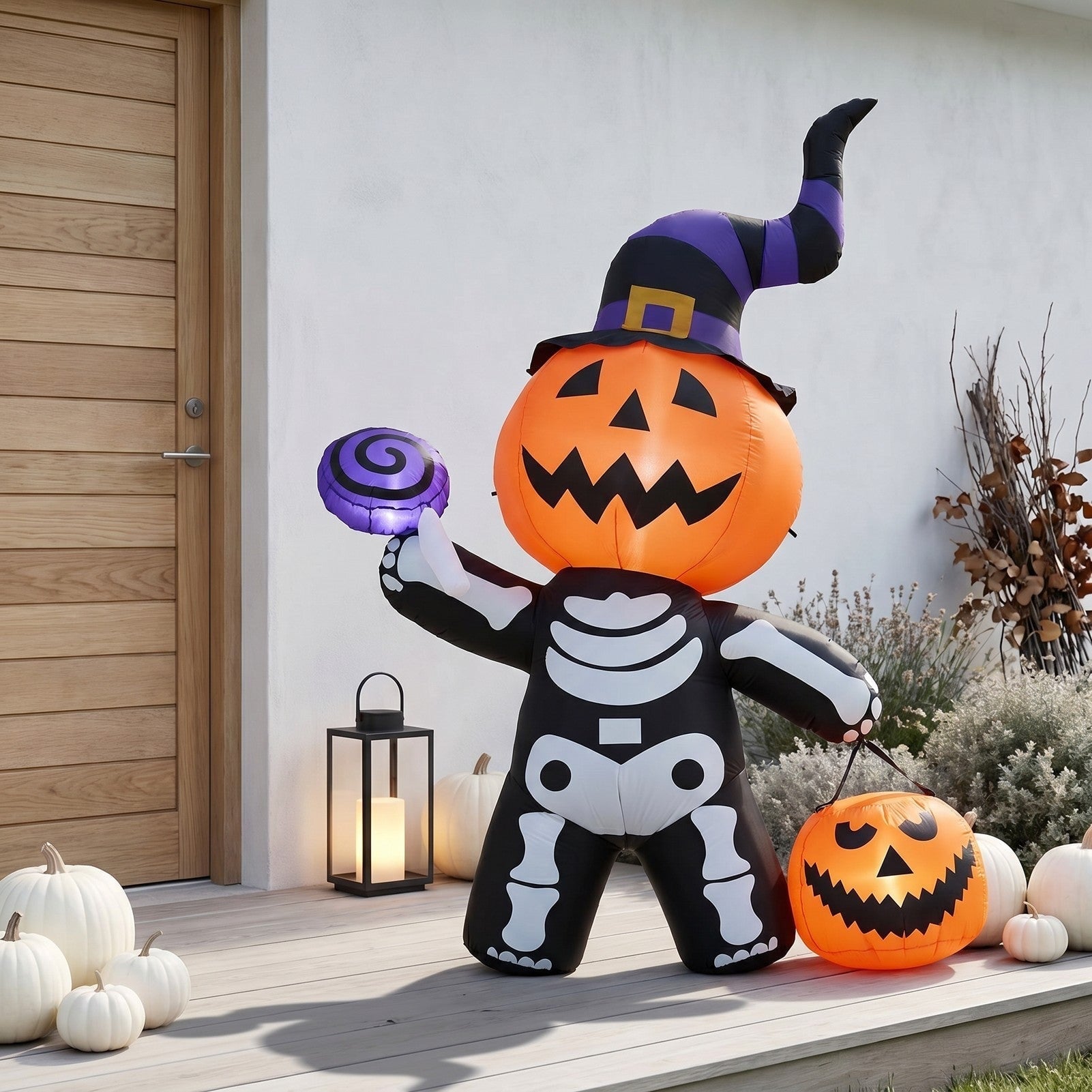 Halloween Pumpkin With Skeleton Design Inflatable Outdoor Light With Electric Air Blower And Water Bags - Image 4
