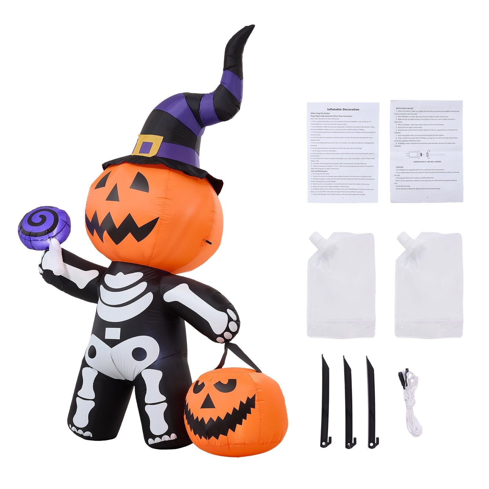 Halloween Pumpkin With Skeleton Design Inflatable Outdoor Light With Electric Air Blower And Water Bags - Image 9