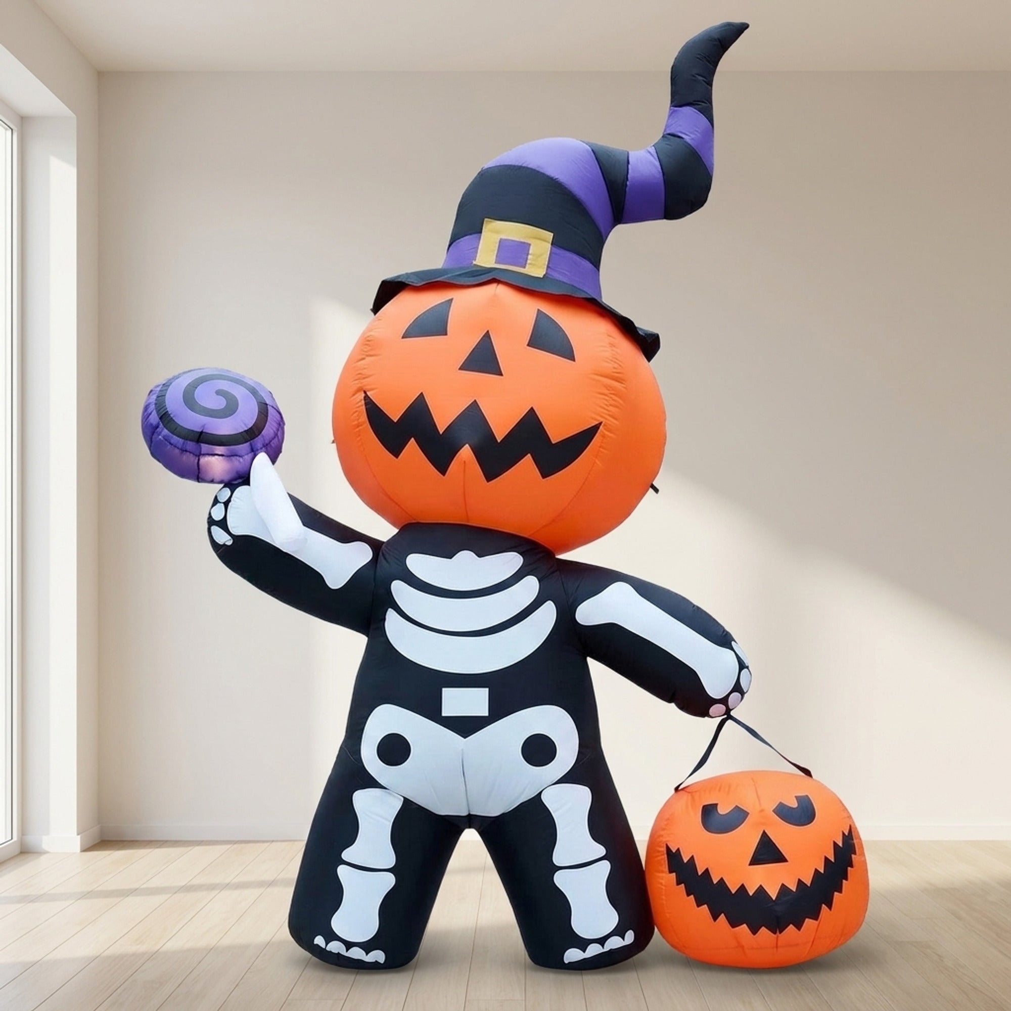 Halloween Pumpkin With Skeleton Design Inflatable Outdoor Light With Electric Air Blower And Water Bags - Image 1
