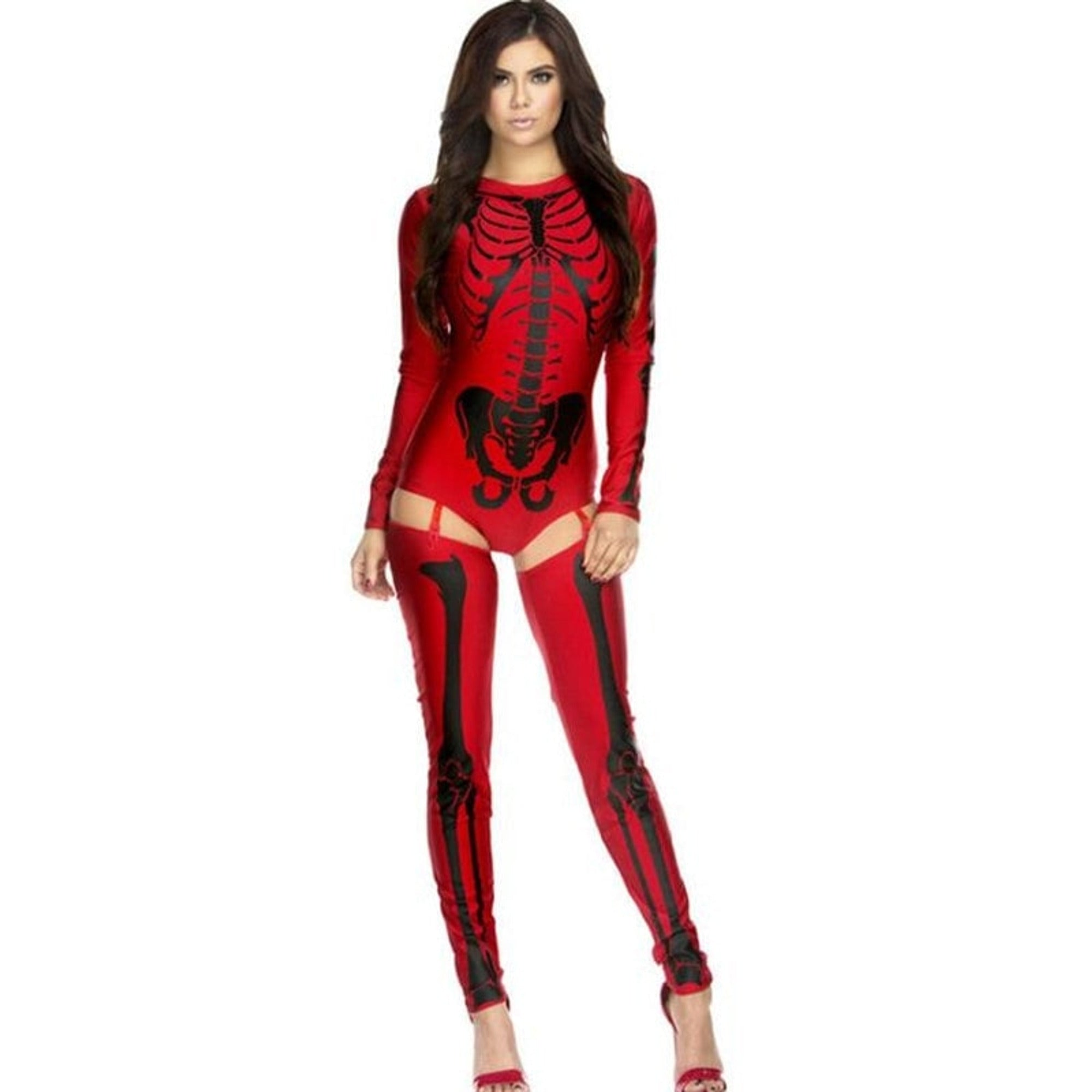 Halloween Skeleton Costume Form-Fitting Bodysuit And Thigh-High Leggings For Party Stretchy Synthetic Fabric Comfortable All-Night Wear - Image 1