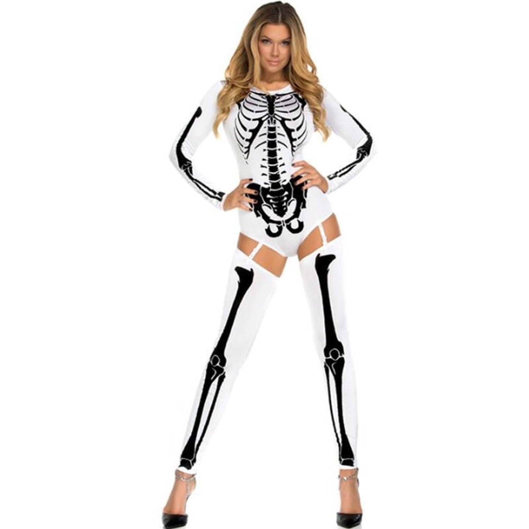 Halloween Skeleton Costume Form-Fitting Bodysuit And Thigh-High Leggings For Party Stretchy Synthetic Fabric Comfortable All-Night Wear - Image 3