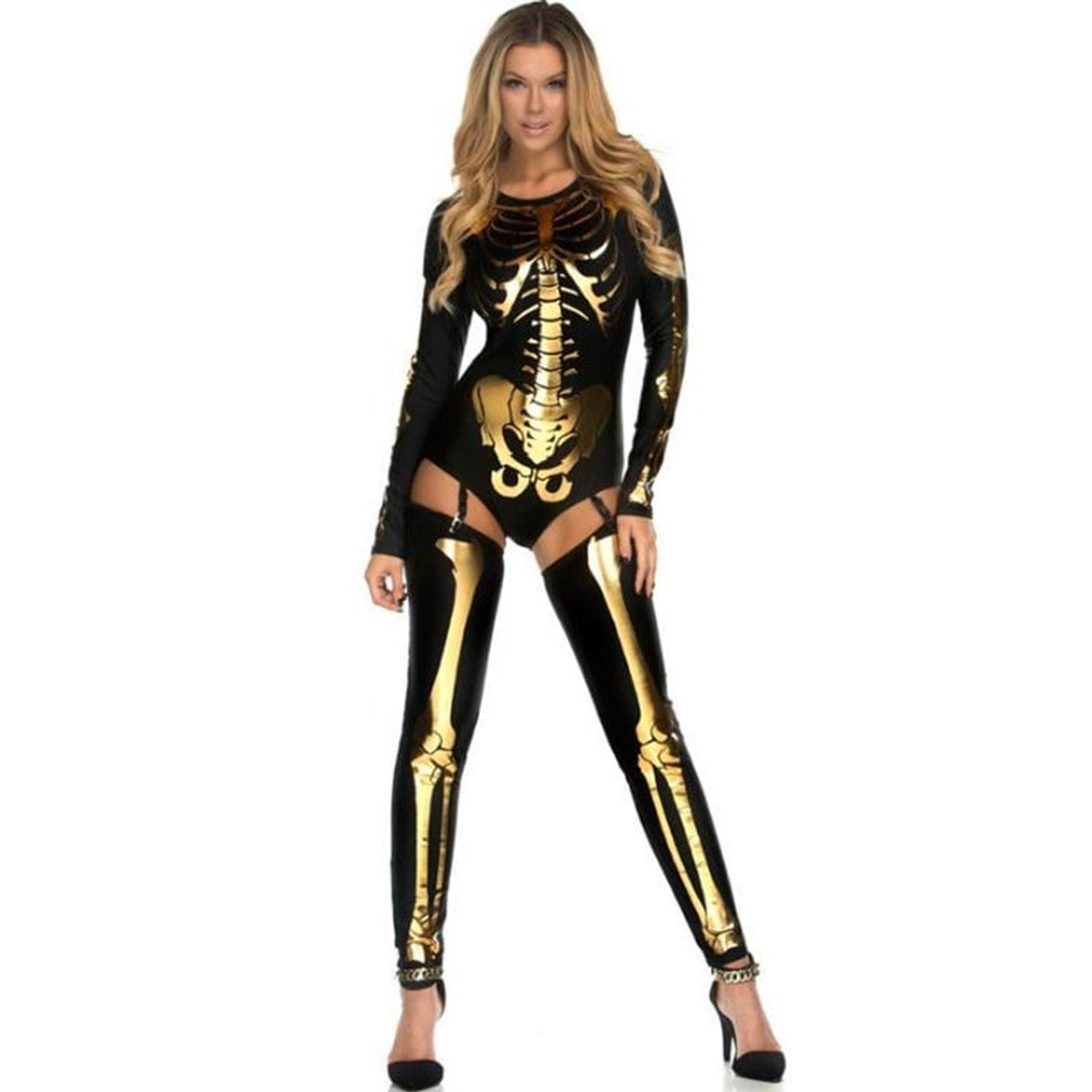 Halloween Skeleton Costume Form-Fitting Bodysuit And Thigh-High Leggings For Party Stretchy Synthetic Fabric Comfortable All-Night Wear - Image 2