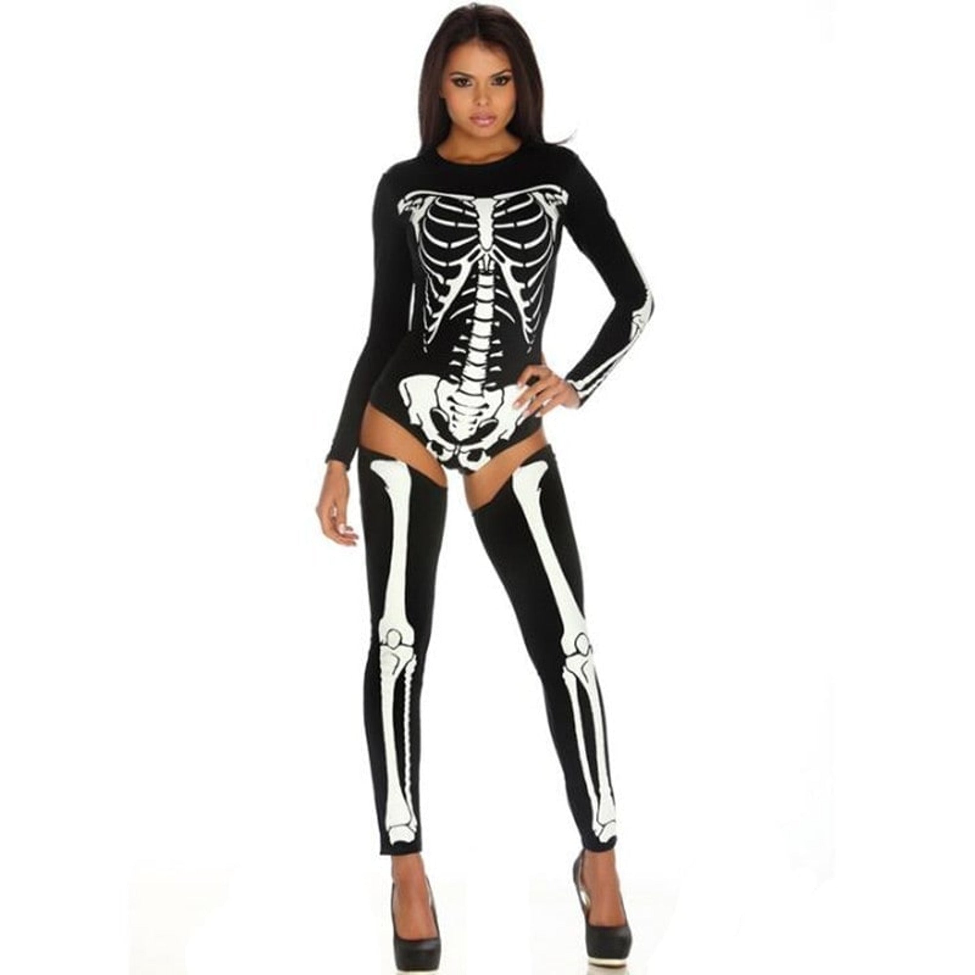 Halloween Skeleton Costume Form-Fitting Bodysuit And Thigh-High Leggings For Party Stretchy Synthetic Fabric Comfortable All-Night Wear - Image 5