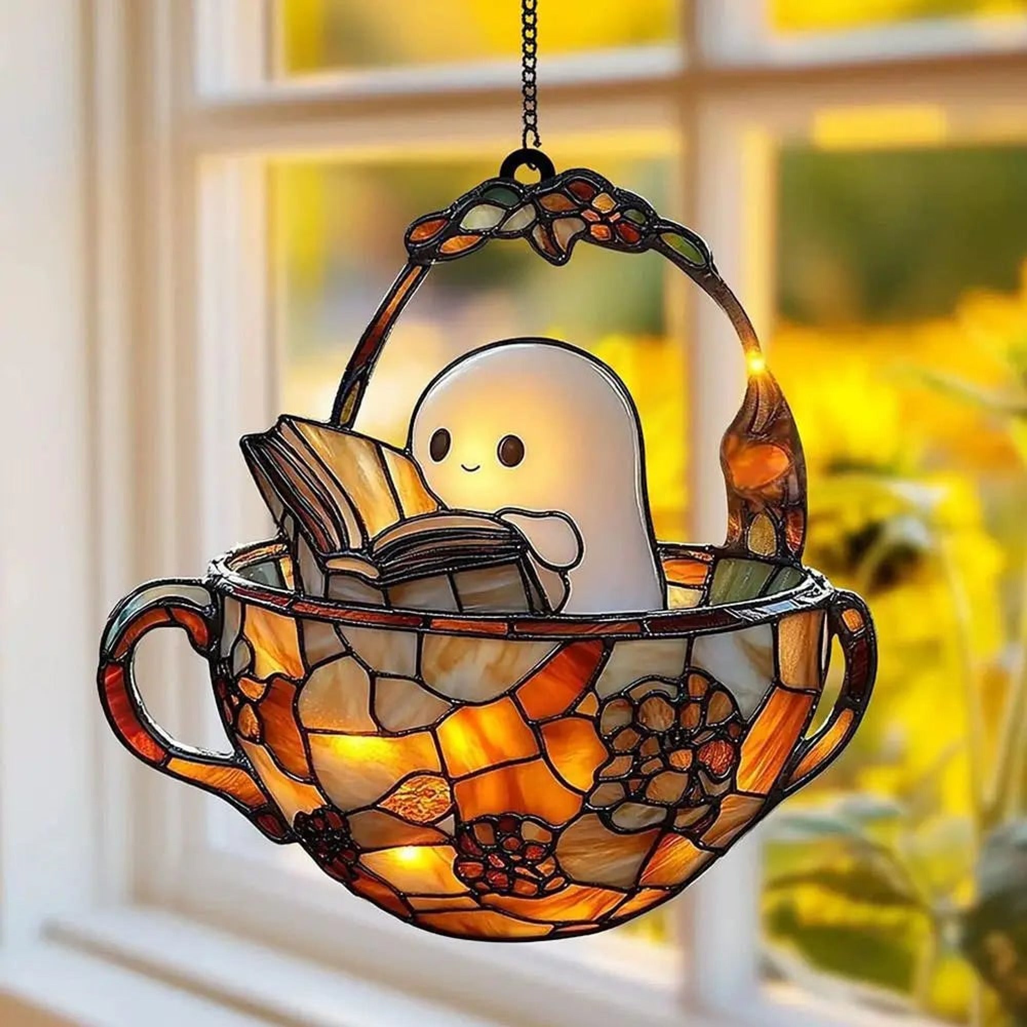 Halloween Suncatcher Ghost Window Decoration With Book Design Hanging Stained Glass Teacup For Sunlight-Reacting Color Effect In Halloween Decor - Image 2