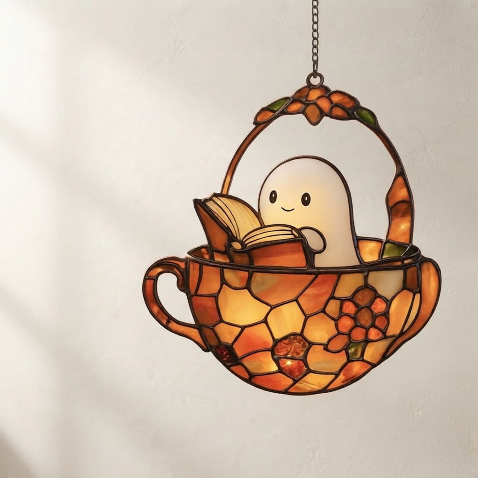 Halloween Suncatcher Ghost Window Decoration With Book Design Hanging Stained Glass Teacup For Sunlight-Reacting Color Effect In Halloween Decor - Image 1