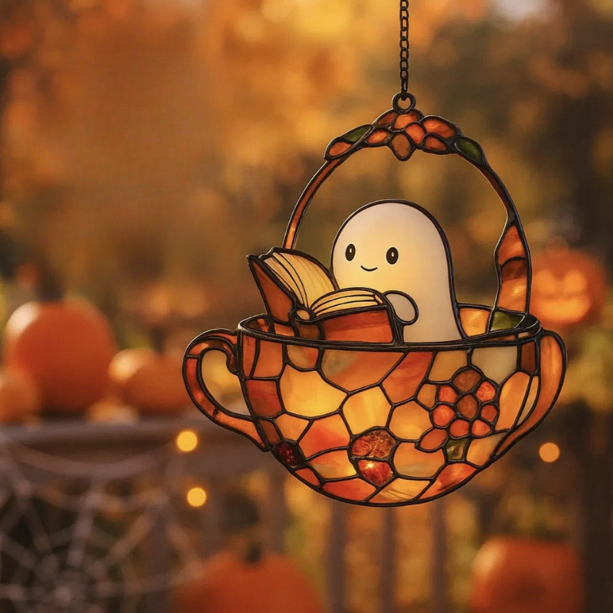 Halloween Suncatcher Ghost Window Decoration With Book Design Hanging Stained Glass Teacup For Sunlight-Reacting Color Effect In Halloween Decor - Image 5