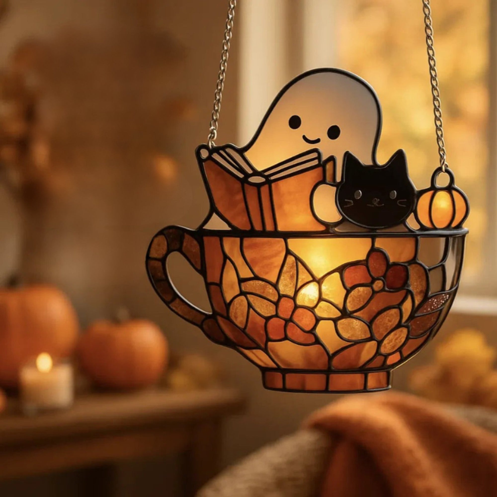 Halloween Suncatcher Ghost Window Decoration With Book Design Hanging Stained Glass Teacup For Sunlight-Reacting Color Effect In Halloween Decor - Image 6