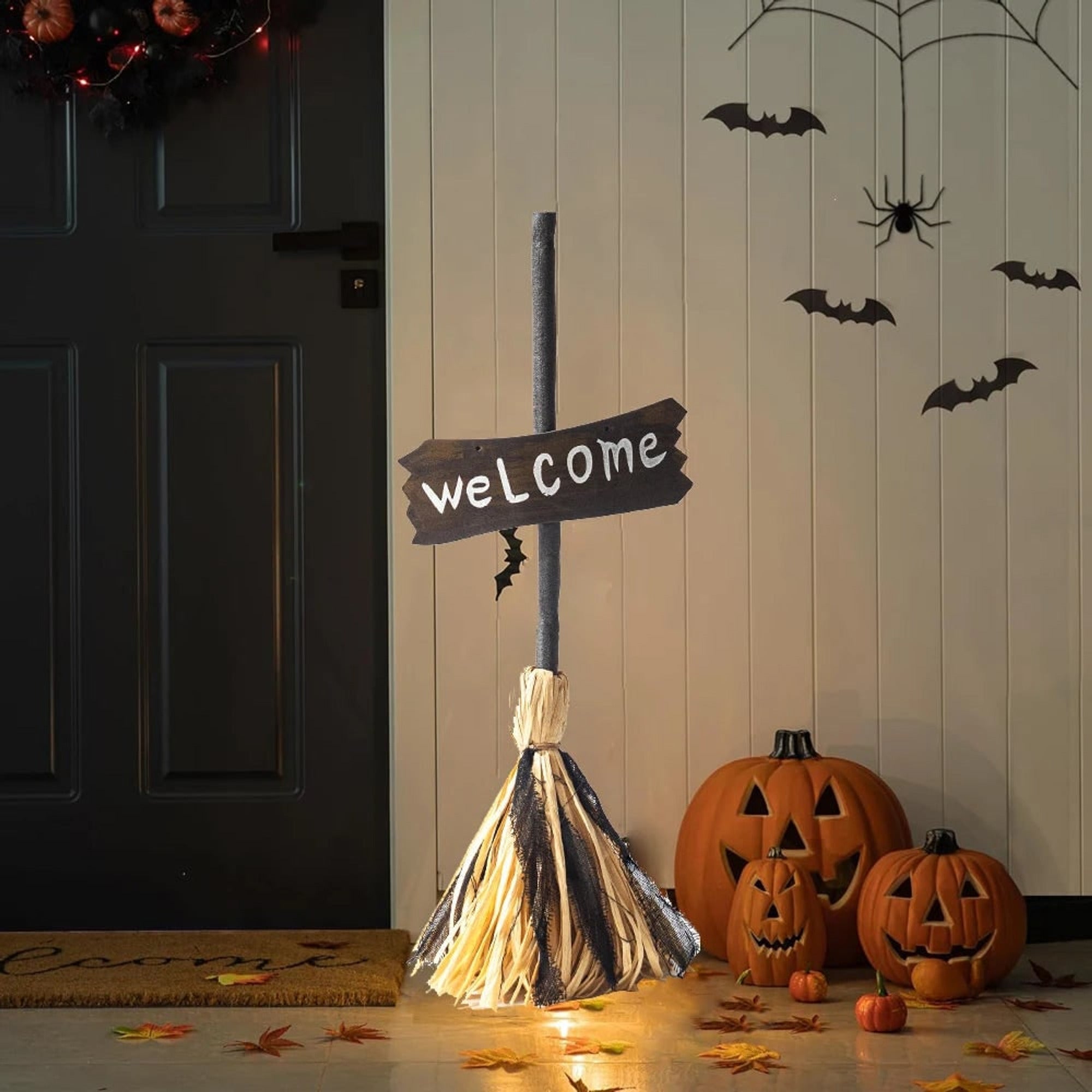Halloween Witch Broom Animated Welcome Sign Light Sound Door Decoration - Image 1