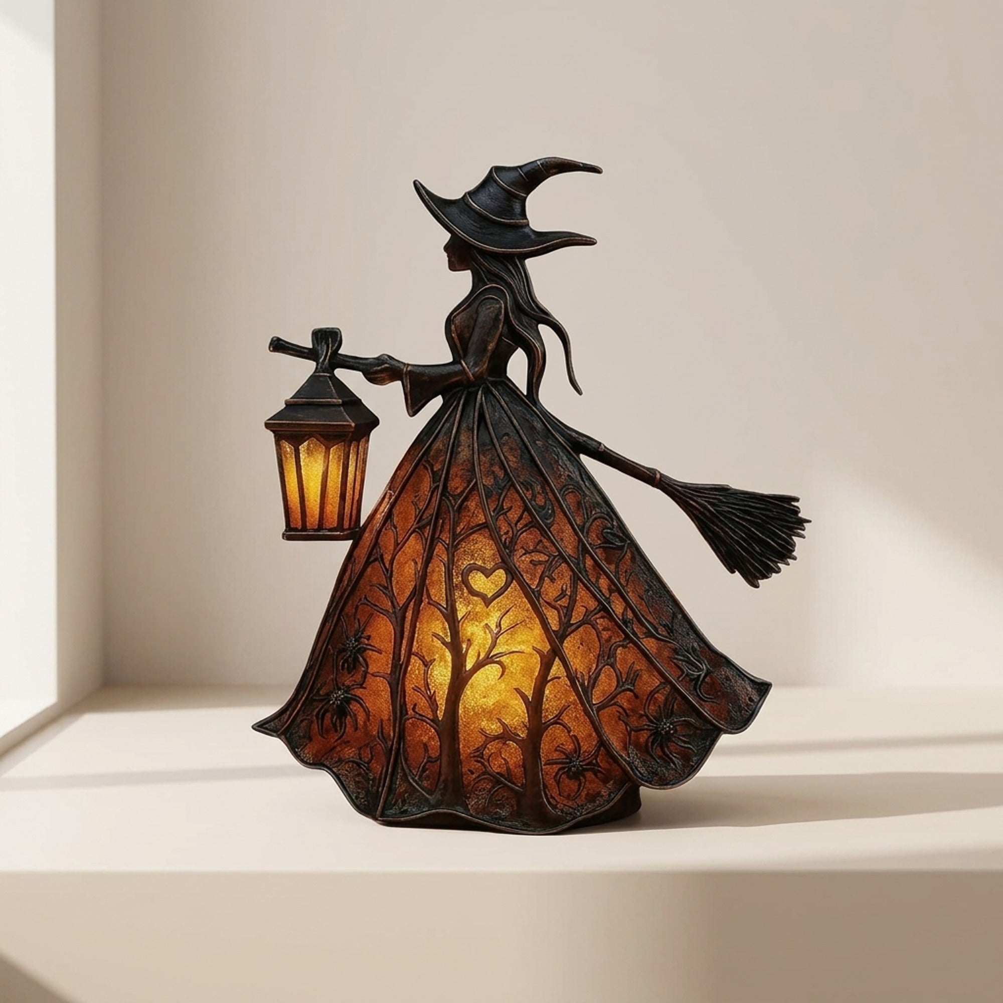 Halloween Lanterns Witch Figurine With Broom And LED Light - Witch Lantern Product View