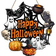 Hanging Halloween Decorations Ghost Wreath With Pumpkin Bat And Witch Wooden Front Door Sign - Image 2