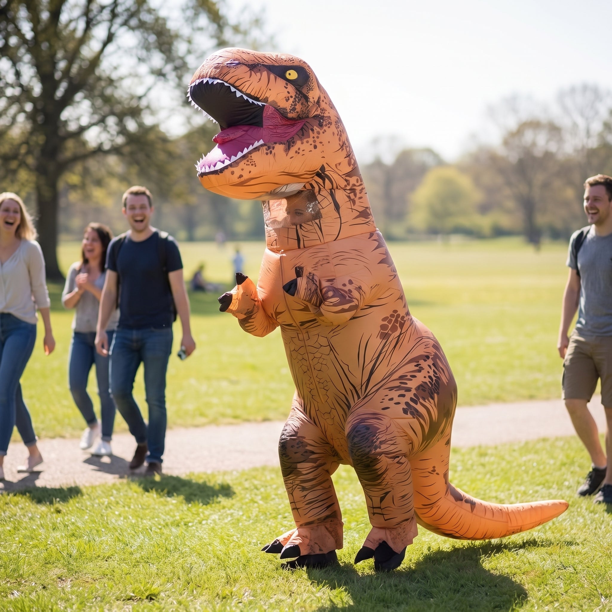Halloween Inflatable Costume Dinosaur Blow Up T-Rex Outfit With Built-In Fan And Instant Inflation - in-use