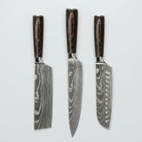Japanese Damascus 3-Piece Knife Set With Hand-Forged Blades And Wooden Handles - Image 1