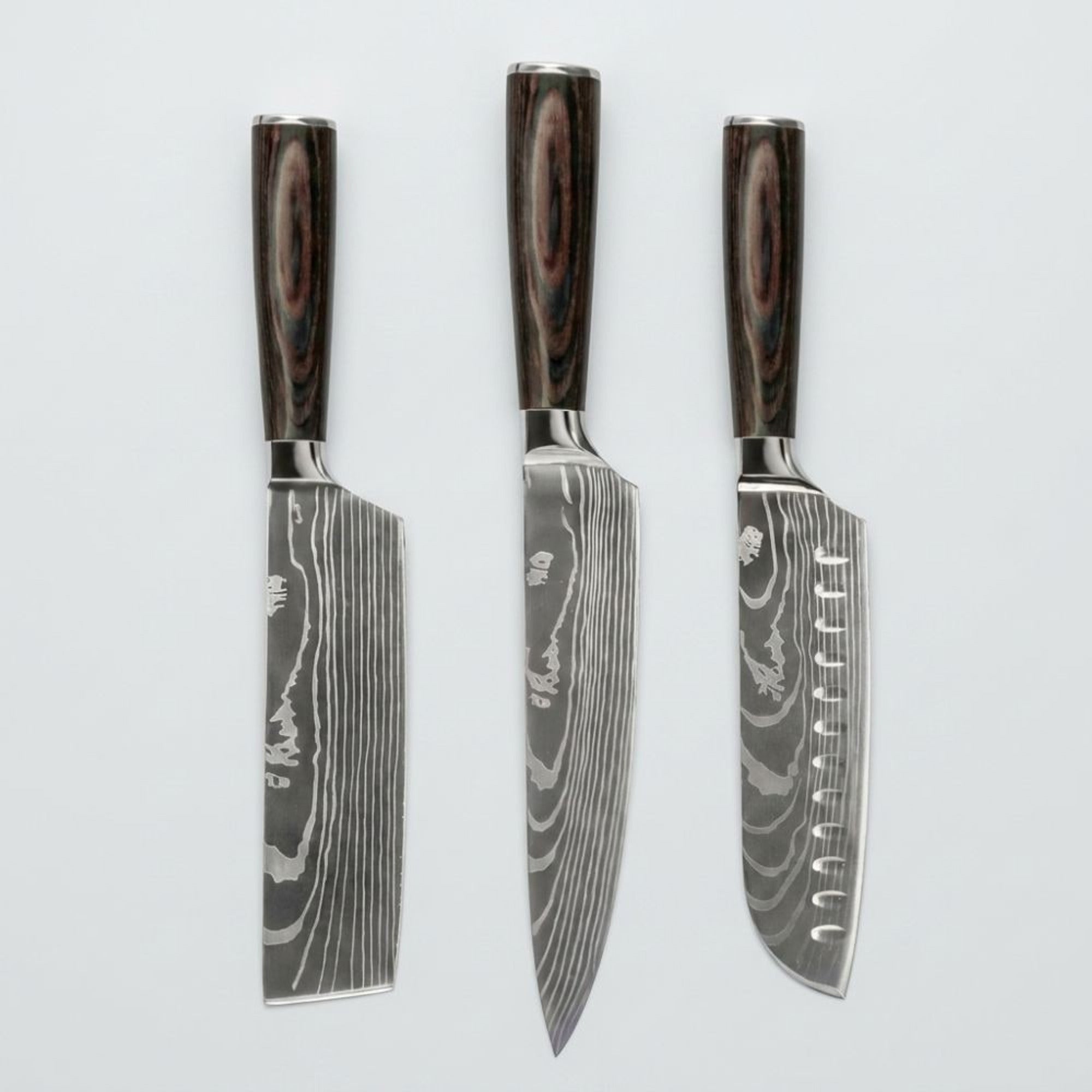 Japanese Damascus 3-Piece Knife Set With Hand-Forged Blades And Wooden Handles - Image 1