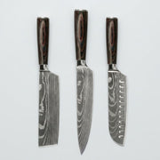 Japanese Damascus 3-Piece Knife Set With Hand-Forged Blades And Wooden Handles - Image 1