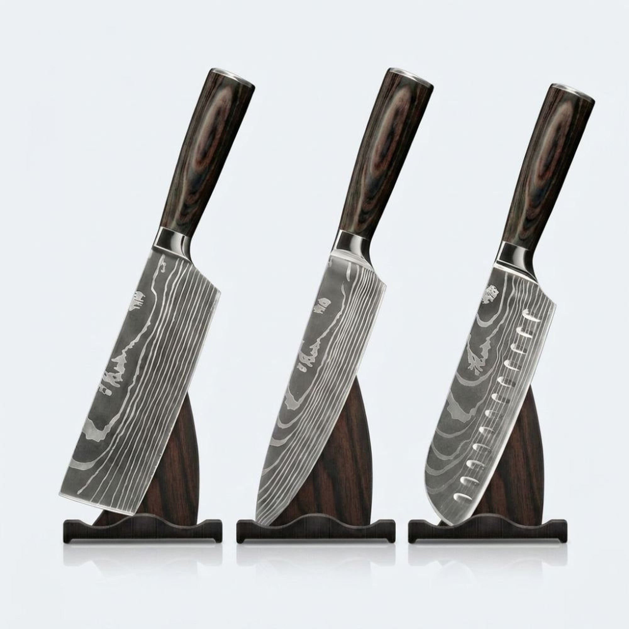 Japanese Damascus 3-Piece Knife Set With Hand-Forged Blades And Wooden Handles - Image 2