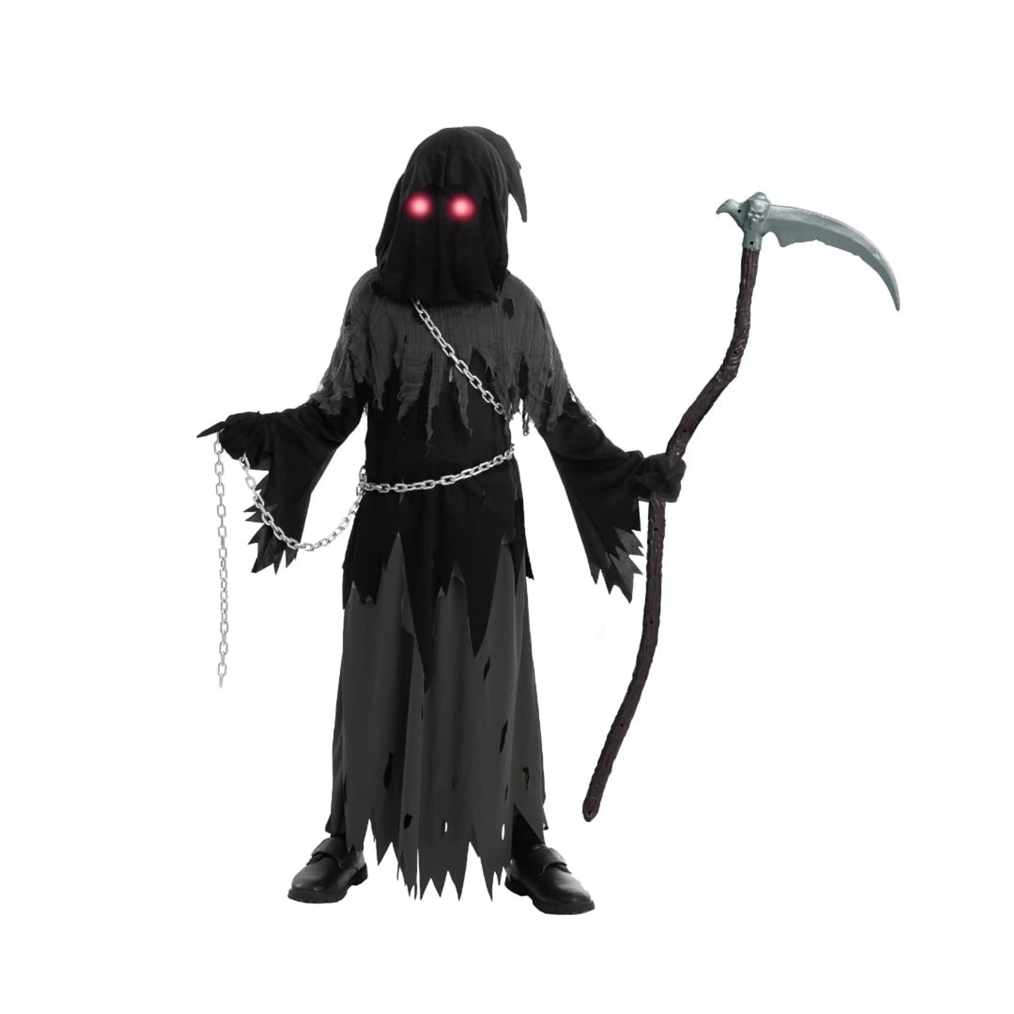 Kids' Halloween Grim Reaper Costume Hooded Robe Set With Glowing Eye Effect And Accessories - Image 6