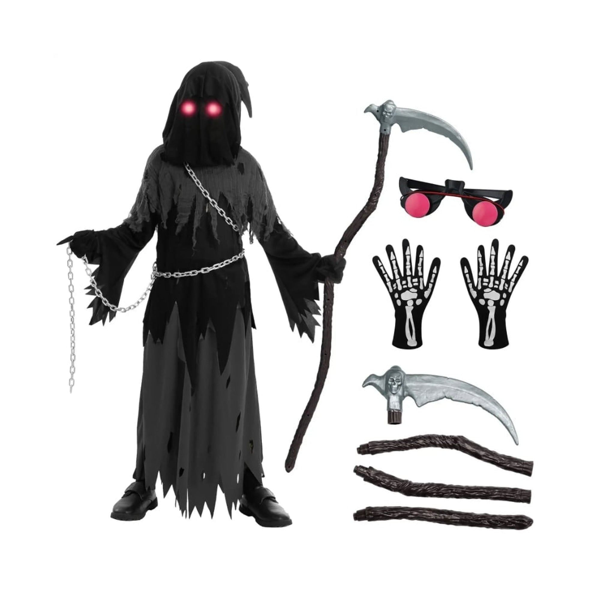 Kids' Halloween Grim Reaper Costume Hooded Robe Set With Glowing Eye Effect And Accessories - Image 4