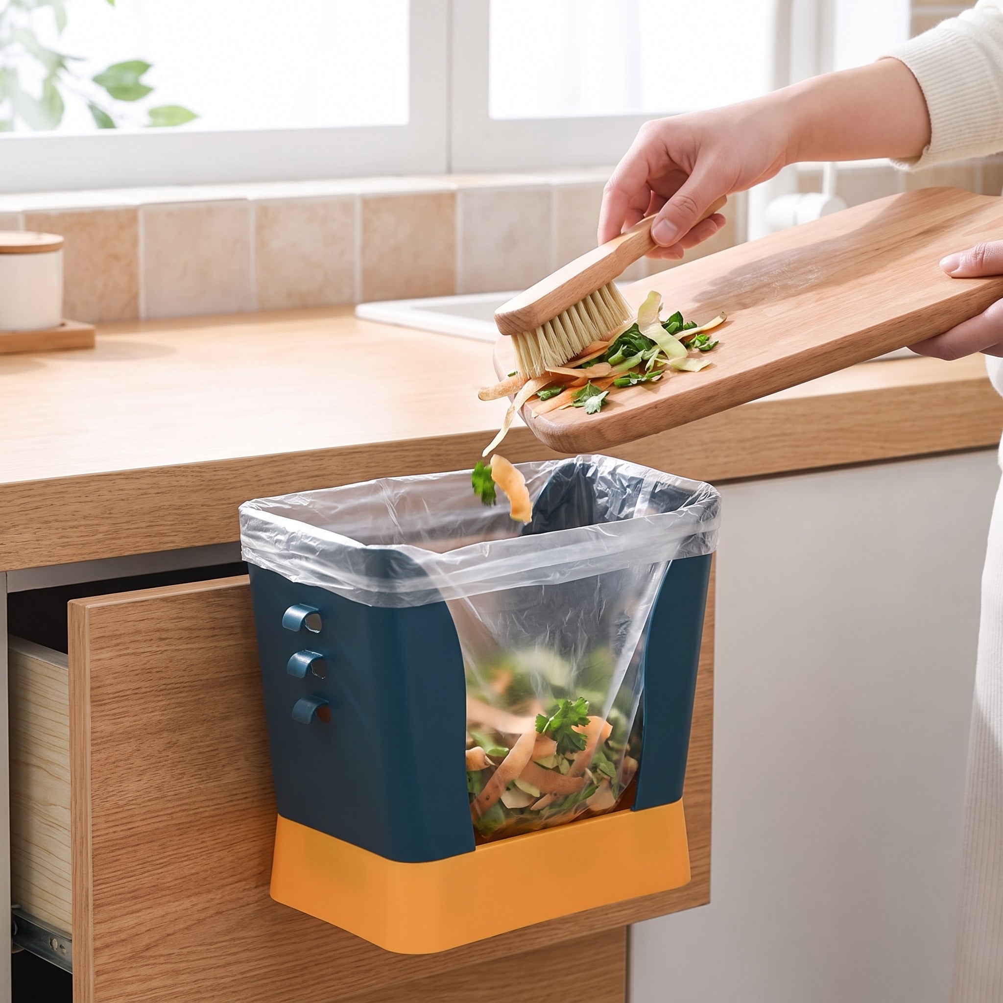 Kitchen Trash Holder With Adjustable U-Shaped Design For Cabinet Or Wall Mounting - in-use