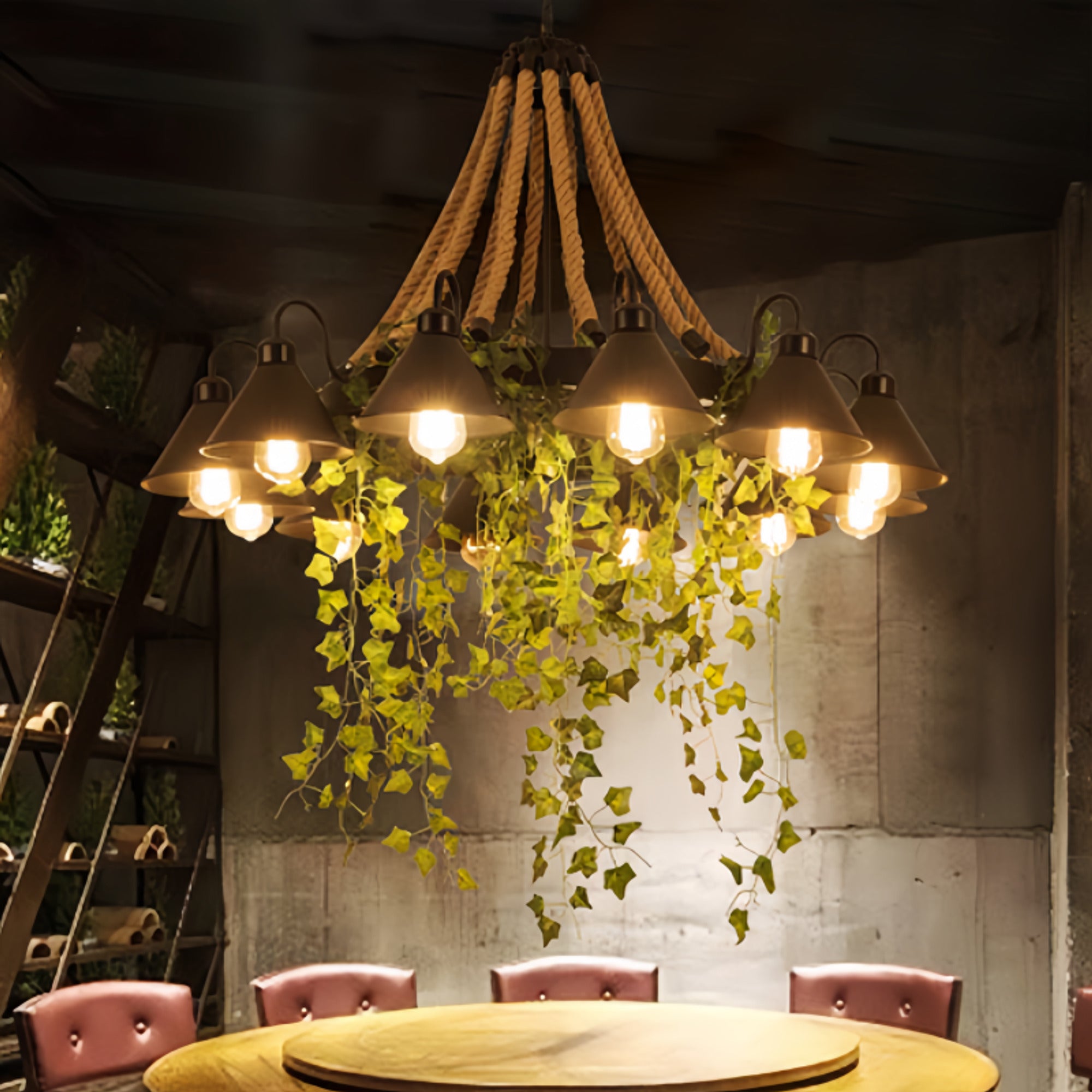 LED Chandeliers Black Industrial Metal Chandelier With Artificial Plants - Image 3