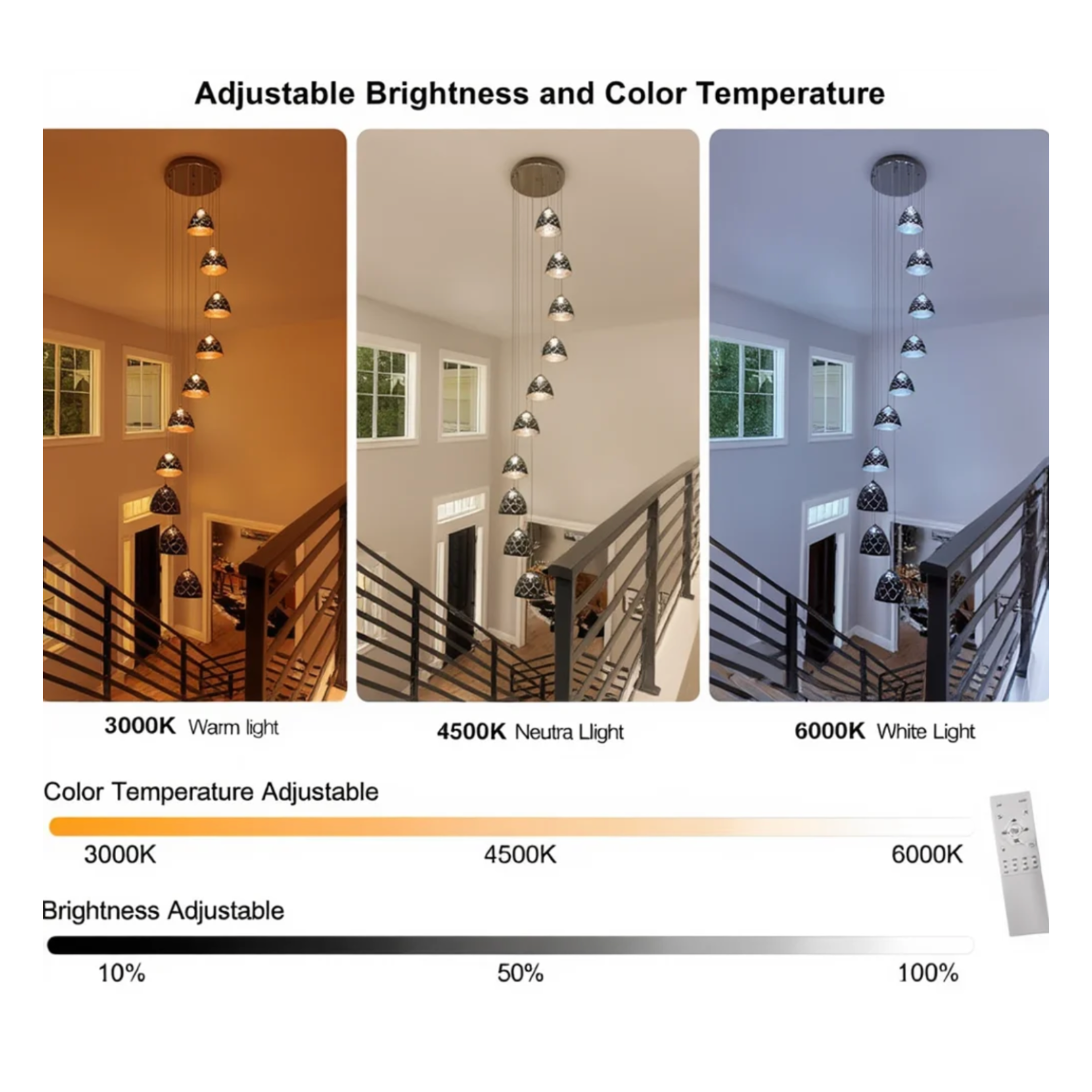 LED Chandeliers Black Staircase Metal Dimmable Remote Control Chandelier - Image 4
