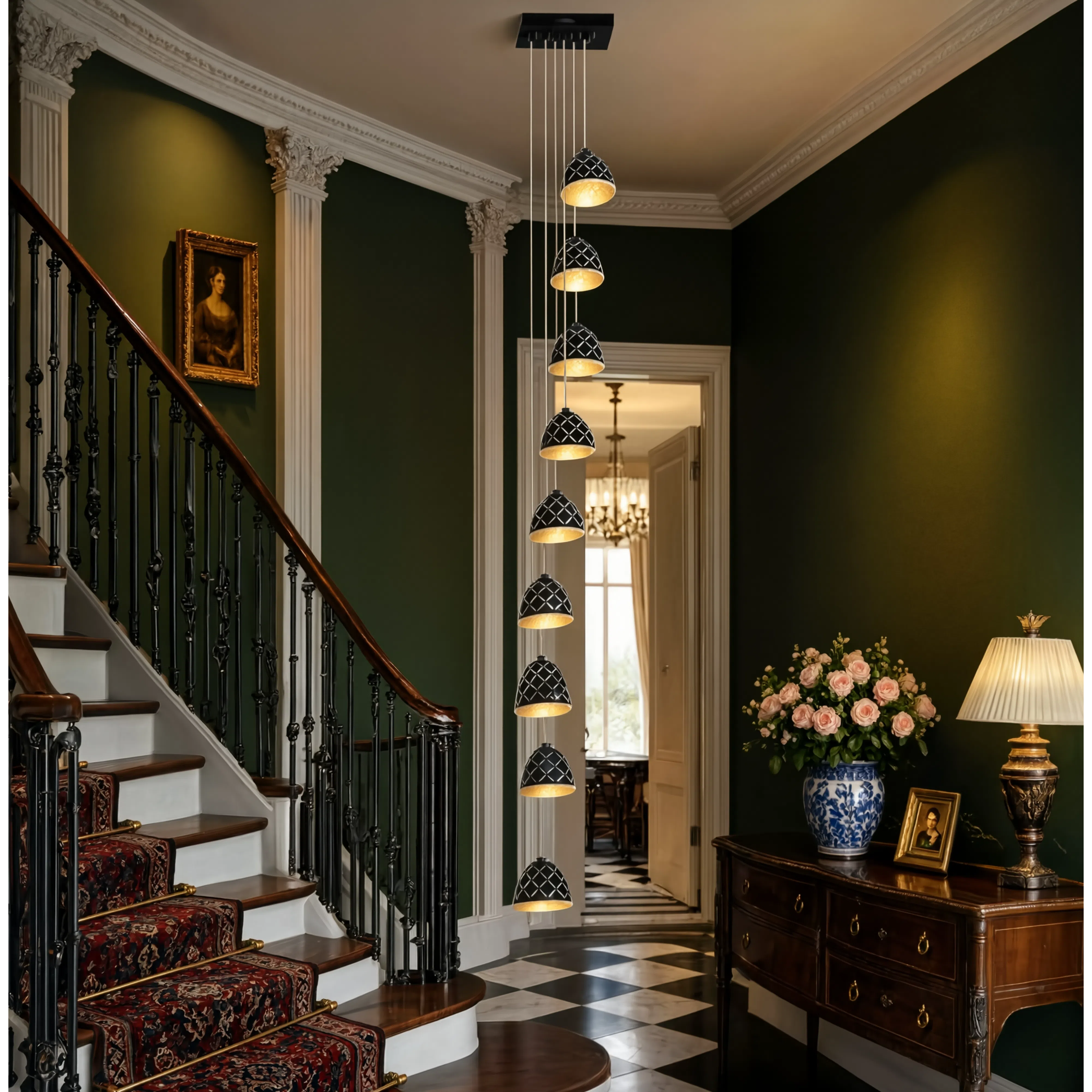 LED Chandeliers Black Staircase Metal Dimmable Remote Control Chandelier - Image 5