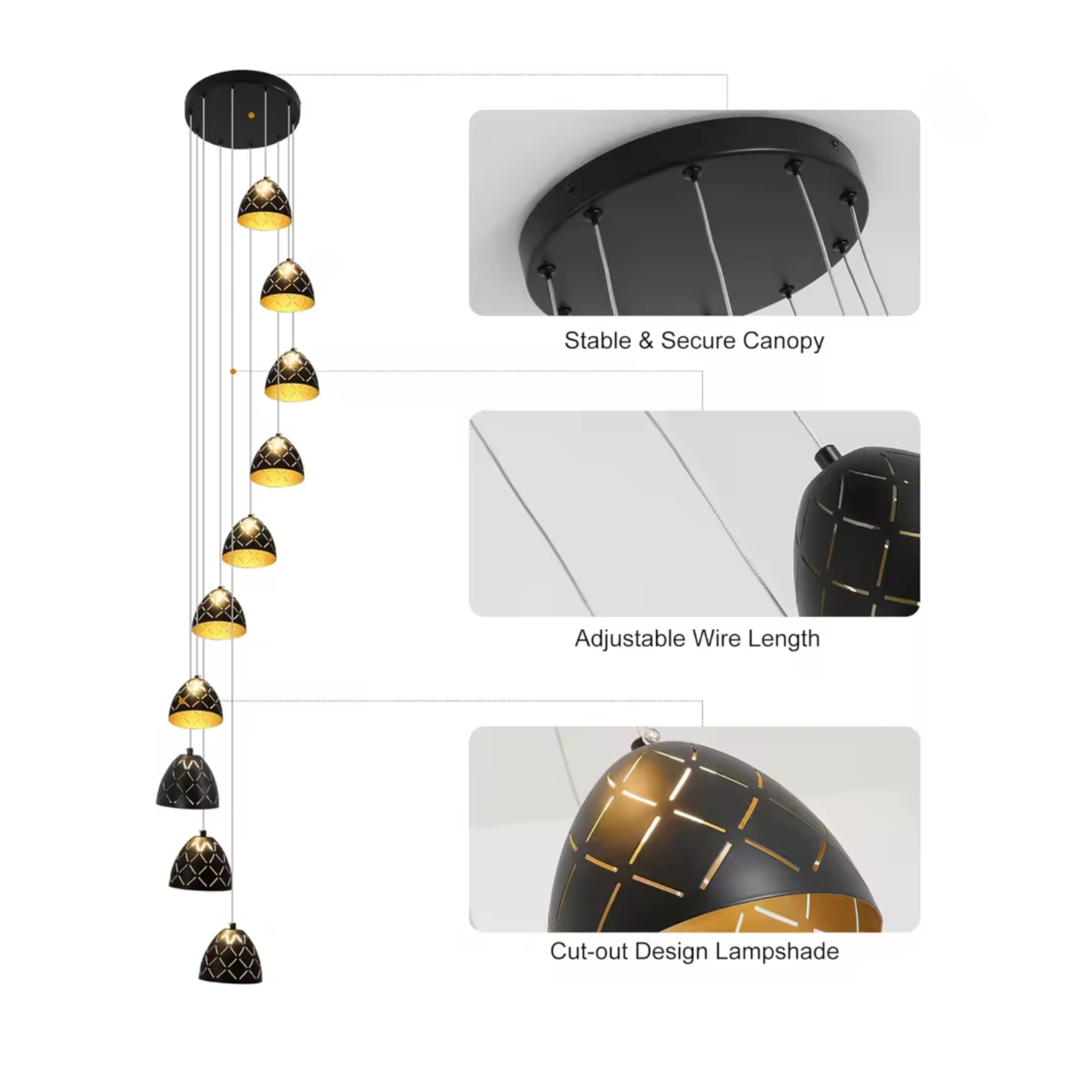 LED Chandeliers Black Staircase Metal Dimmable Remote Control Chandelier - Image 7