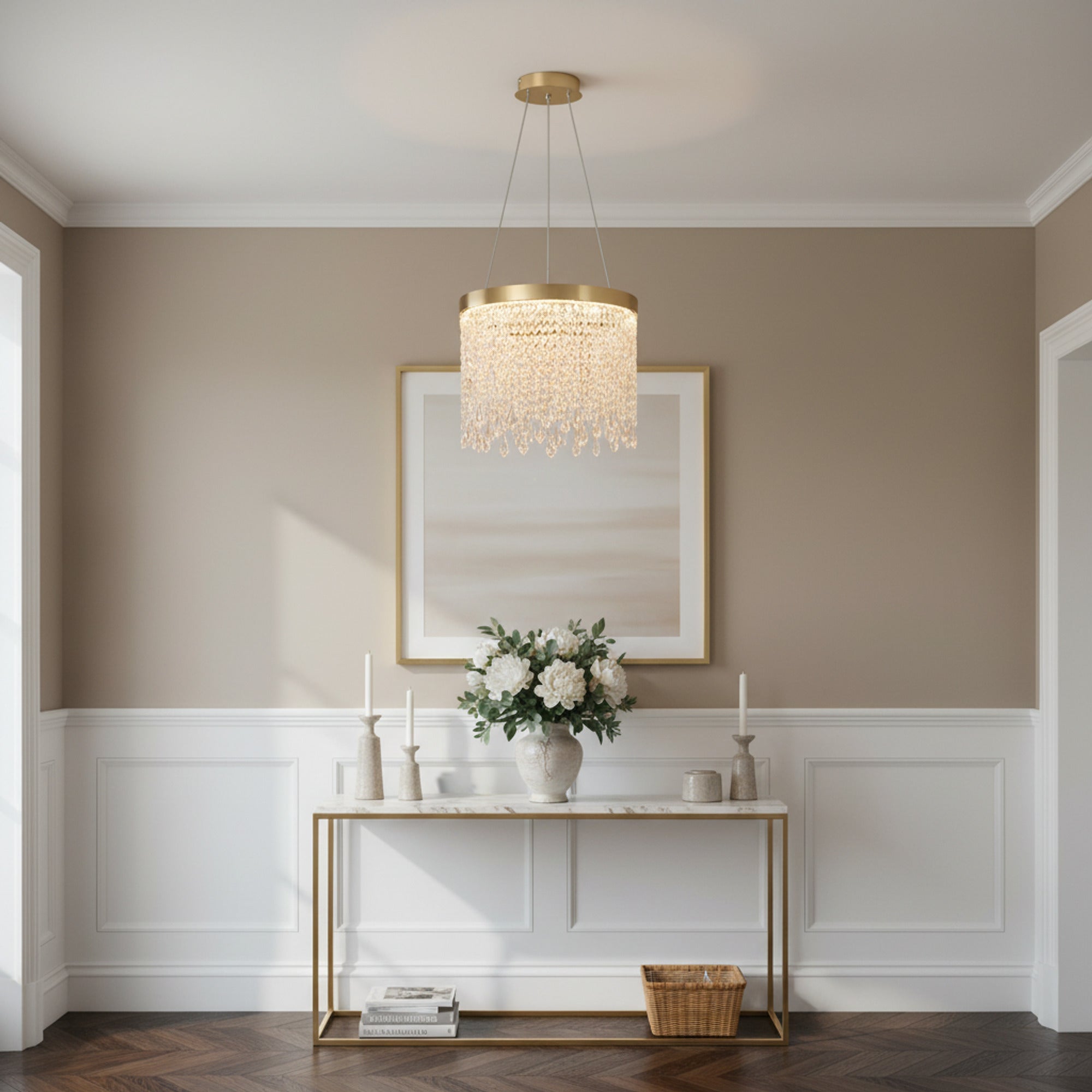 LED Chandeliers Crystal Drum Pendant Gold Finish Hand-Beaded - Image 4