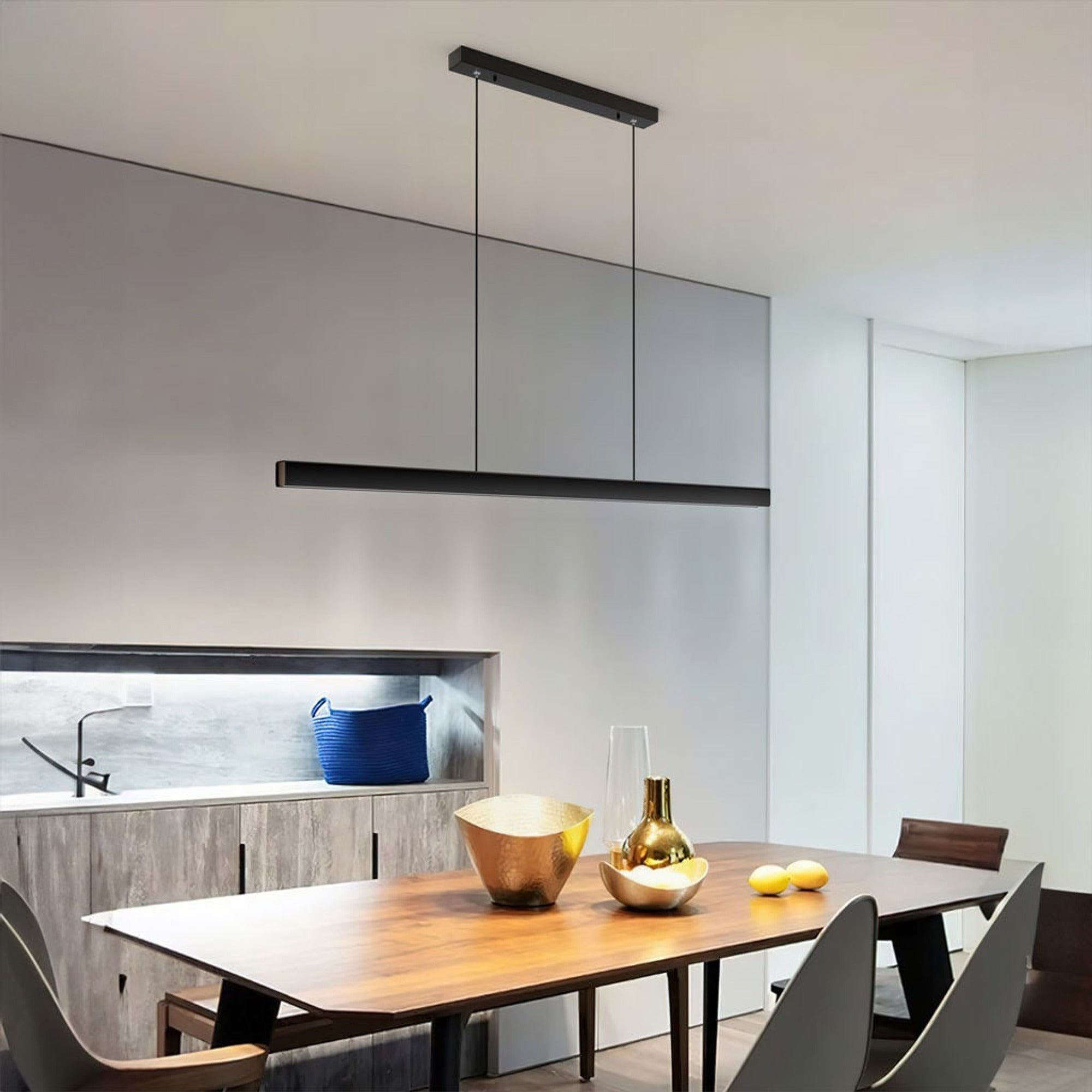 LED Chandeliers Linear Pendant Light Black Finish Walnut Wood Adjustable Dimmable Ceiling - Image 2