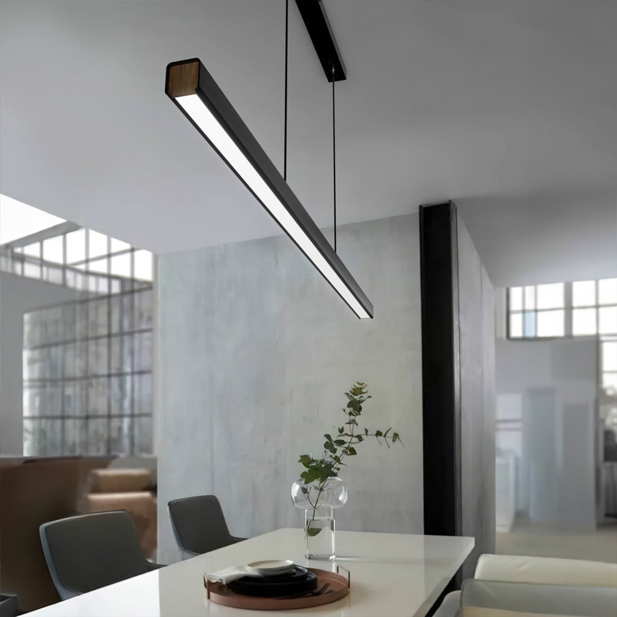 LED Chandeliers Linear Pendant Light Black Finish Walnut Wood Adjustable Dimmable Ceiling - Image 5